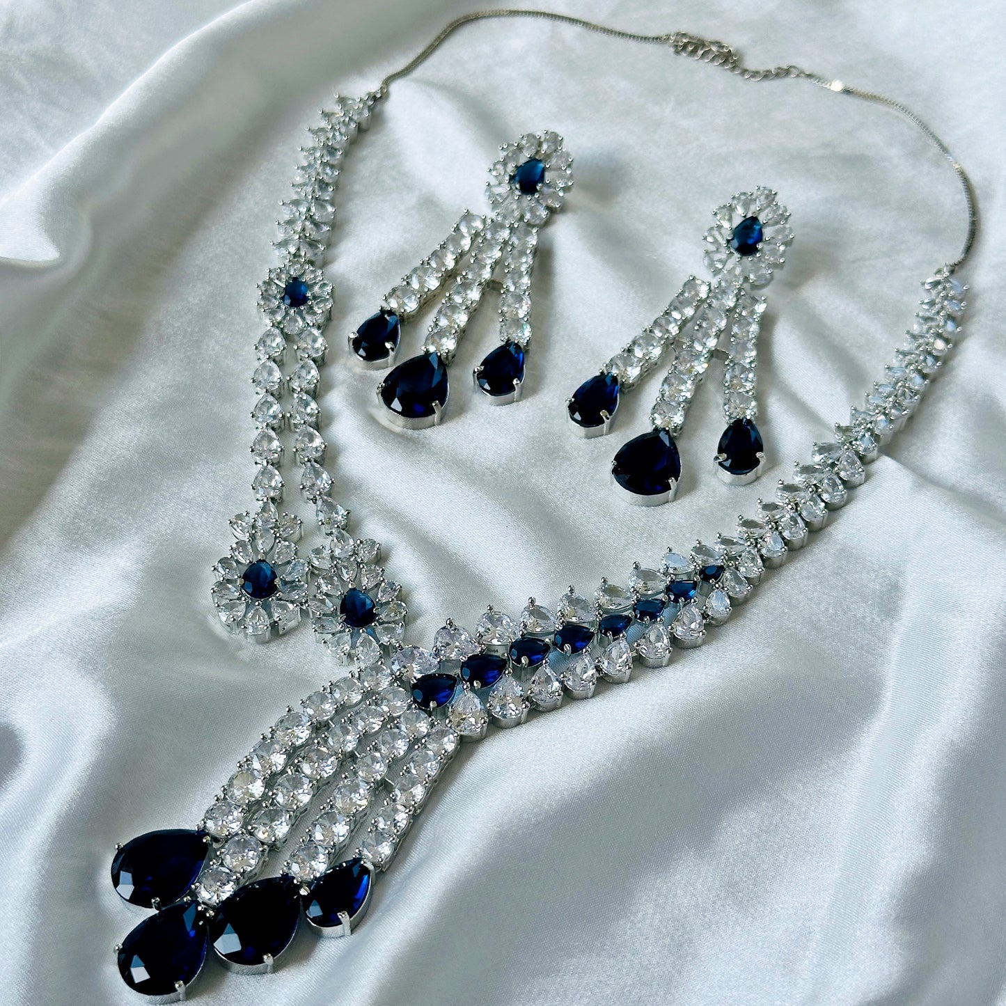 Blue Sapphire Cubic Zircon American Diamond Silver Plated Necklace Set