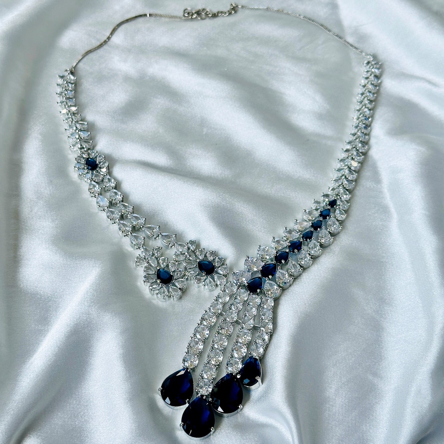 Blue Sapphire Cubic Zircon American Diamond Silver Plated Necklace Set