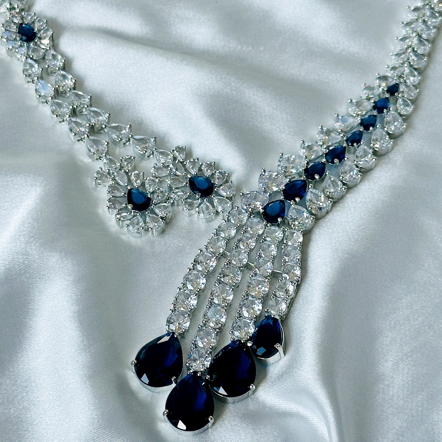 Blue Sapphire Cubic Zircon American Diamond Silver Plated Necklace Set