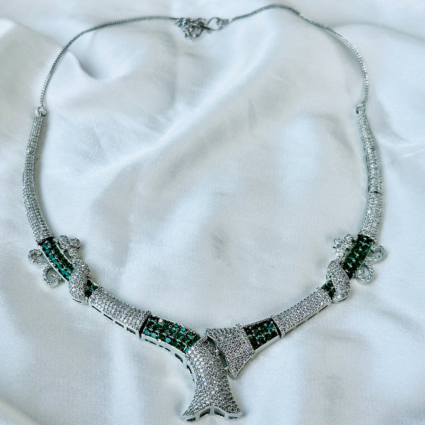 Green Emerald Cubic Zircon American Diamond Silver Plated Necklace Set