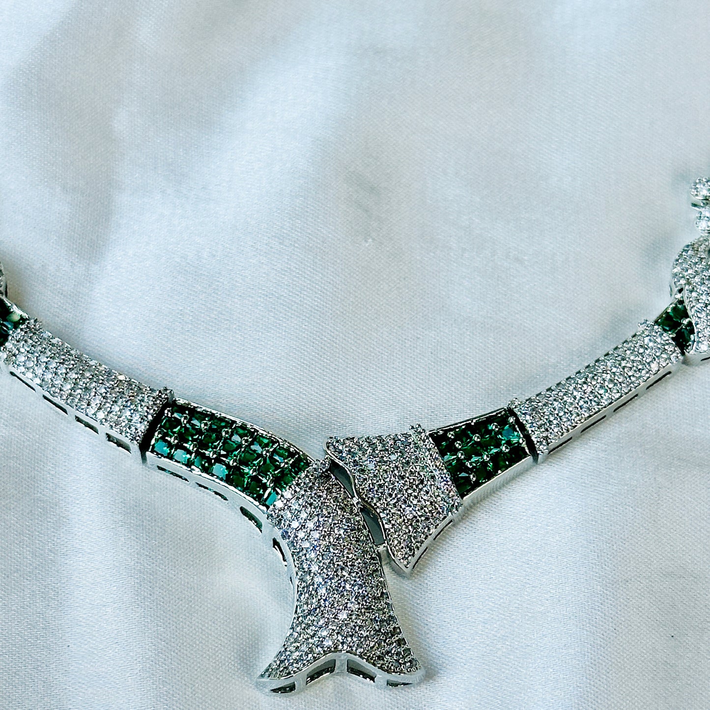Green Emerald Cubic Zircon American Diamond Silver Plated Necklace Set
