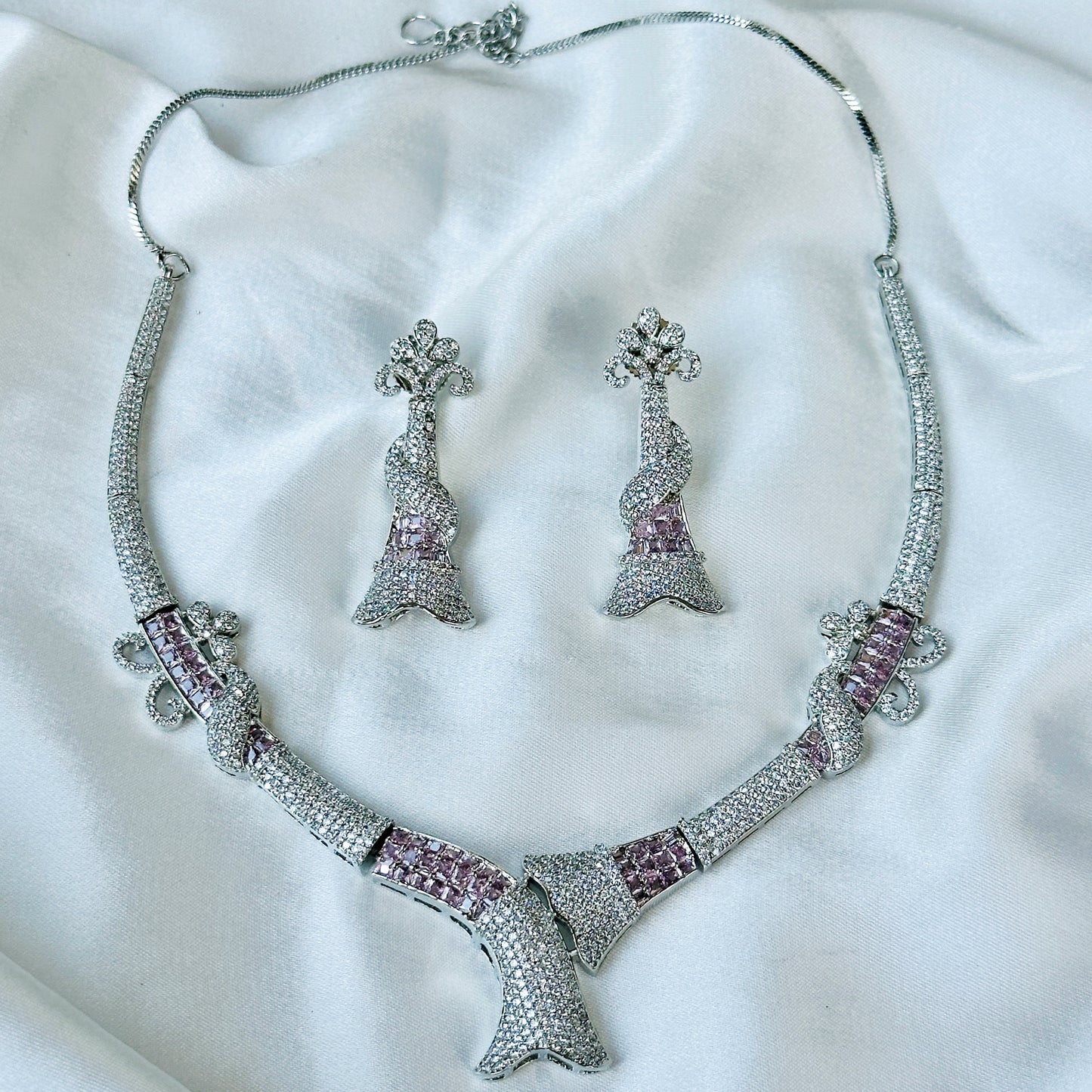 Pink Topaz Cubic Zircon American Diamond Silver Plated Necklace Set