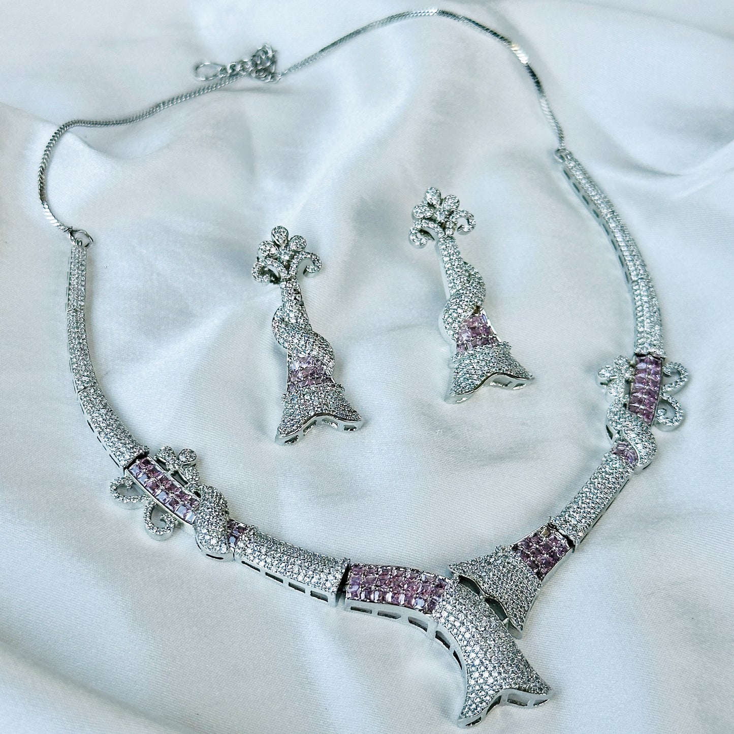 Pink Topaz Cubic Zircon American Diamond Silver Plated Necklace Set