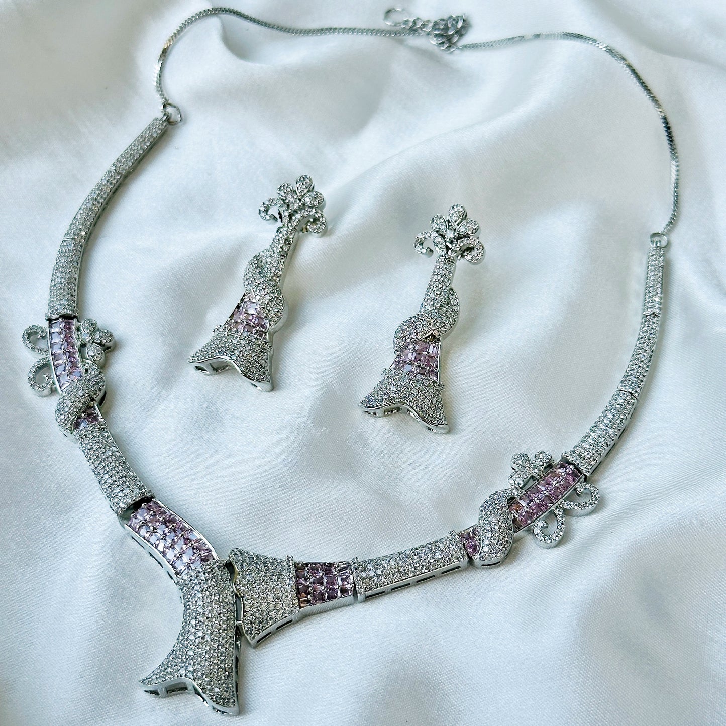 Pink Topaz Cubic Zircon American Diamond Silver Plated Necklace Set