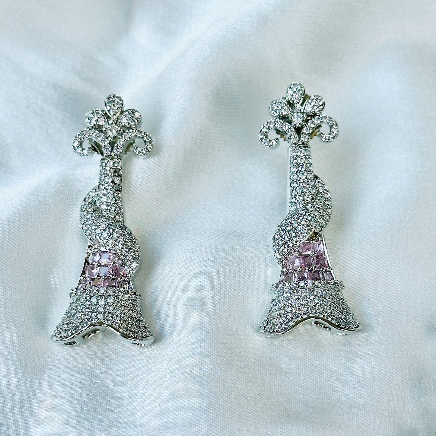 Pink Topaz Cubic Zircon American Diamond Silver Plated Necklace Set