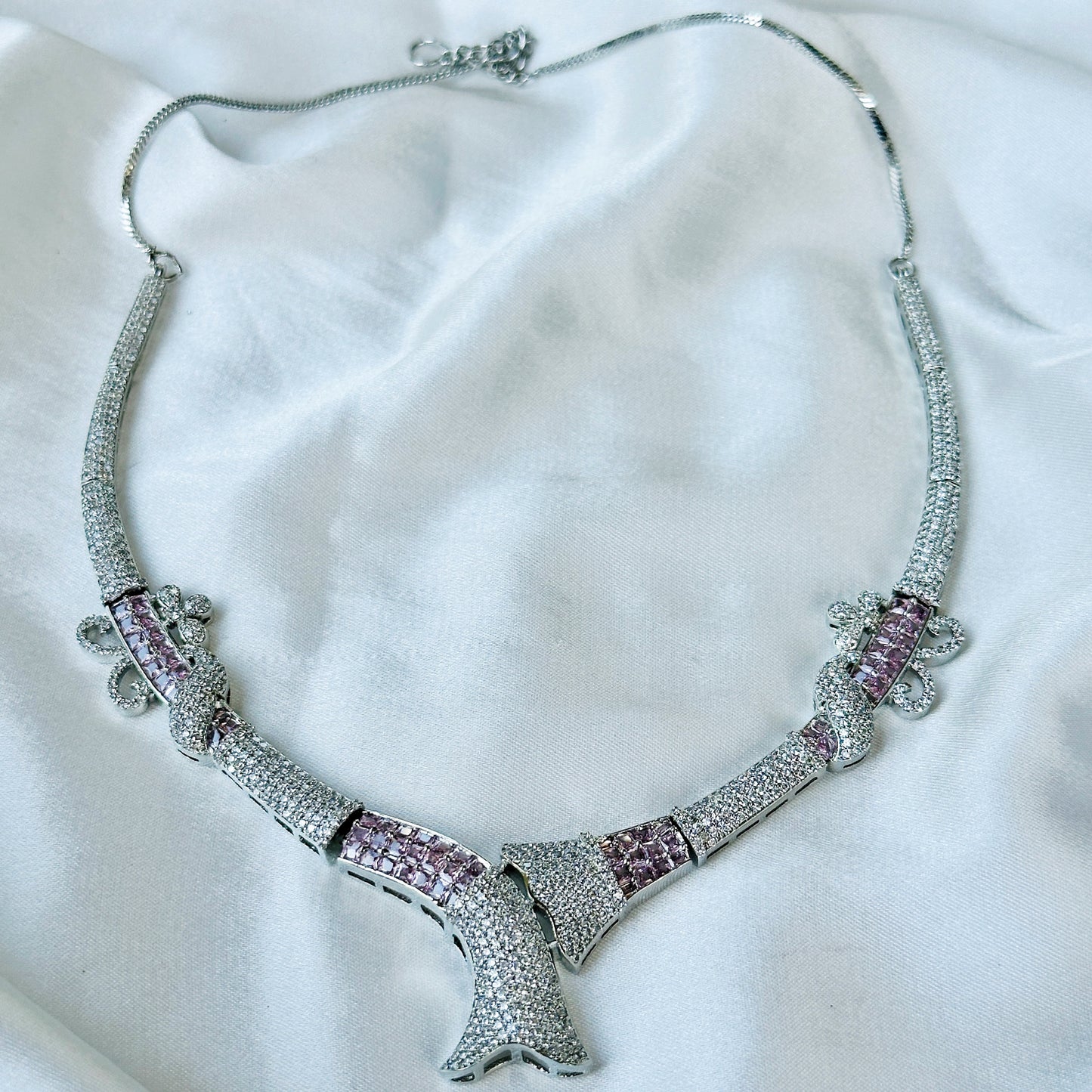 Pink Topaz Cubic Zircon American Diamond Silver Plated Necklace Set