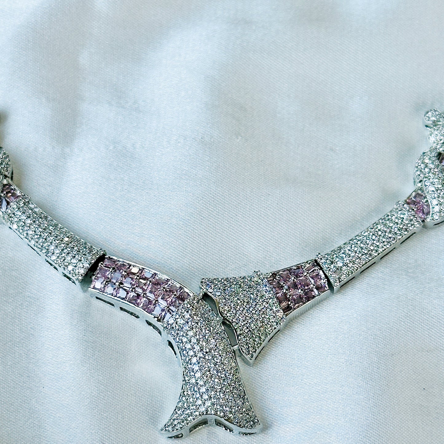 Pink Topaz Cubic Zircon American Diamond Silver Plated Necklace Set
