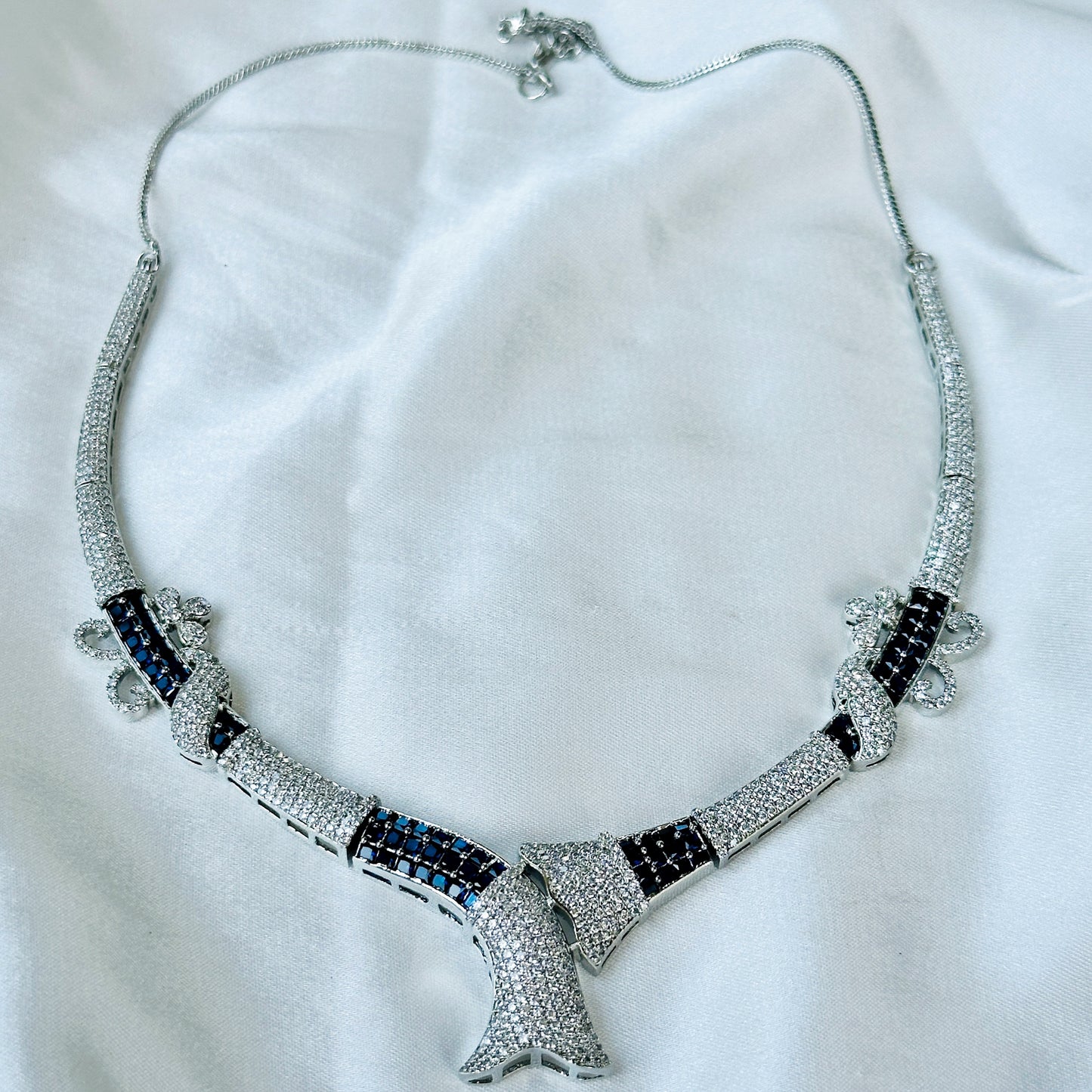 Blue Sapphire Cubic Zircon American Diamond Silver Plated Necklace Set