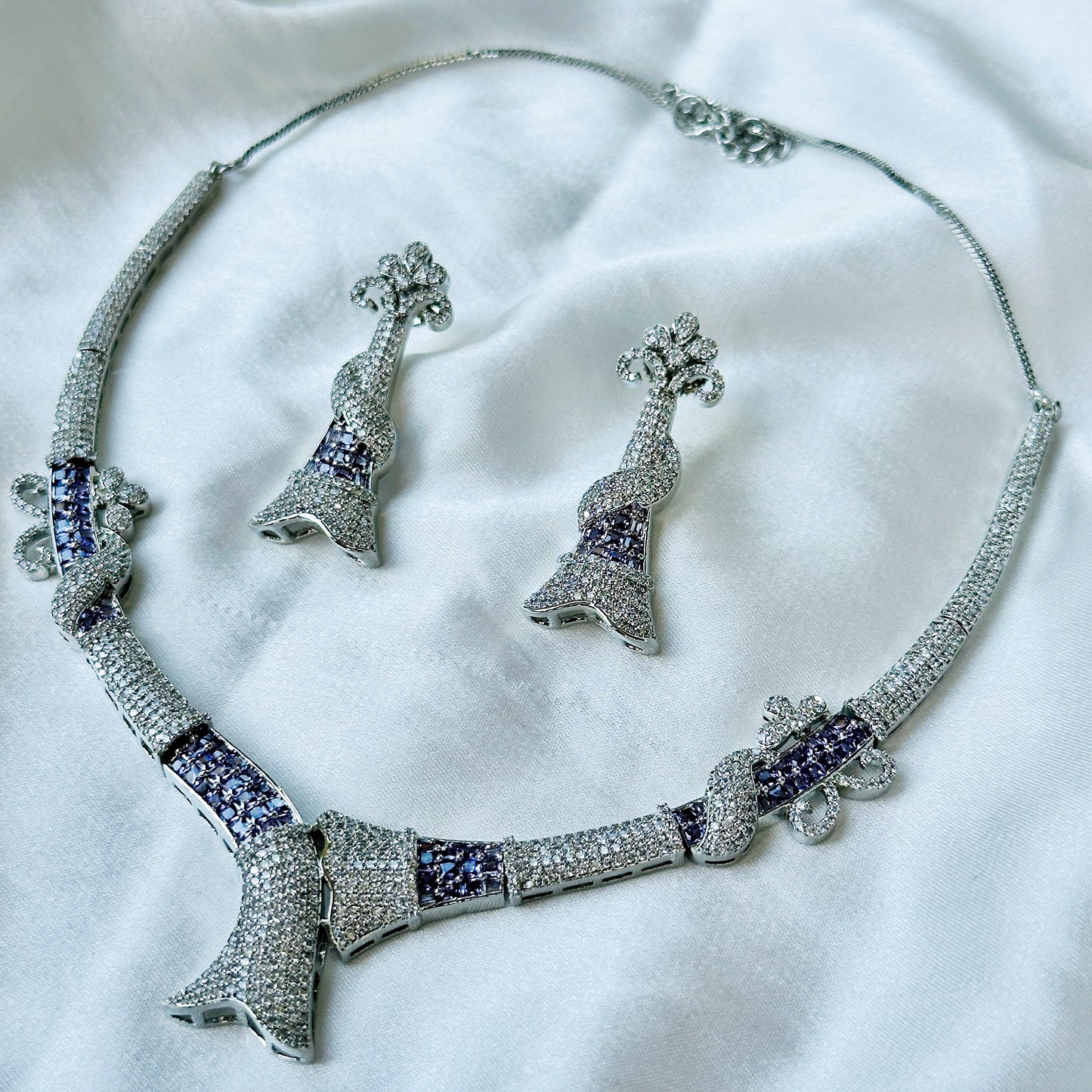 Lt Purple Amethyst Cubic Zircon American Diamond Silver Plated Necklace Set