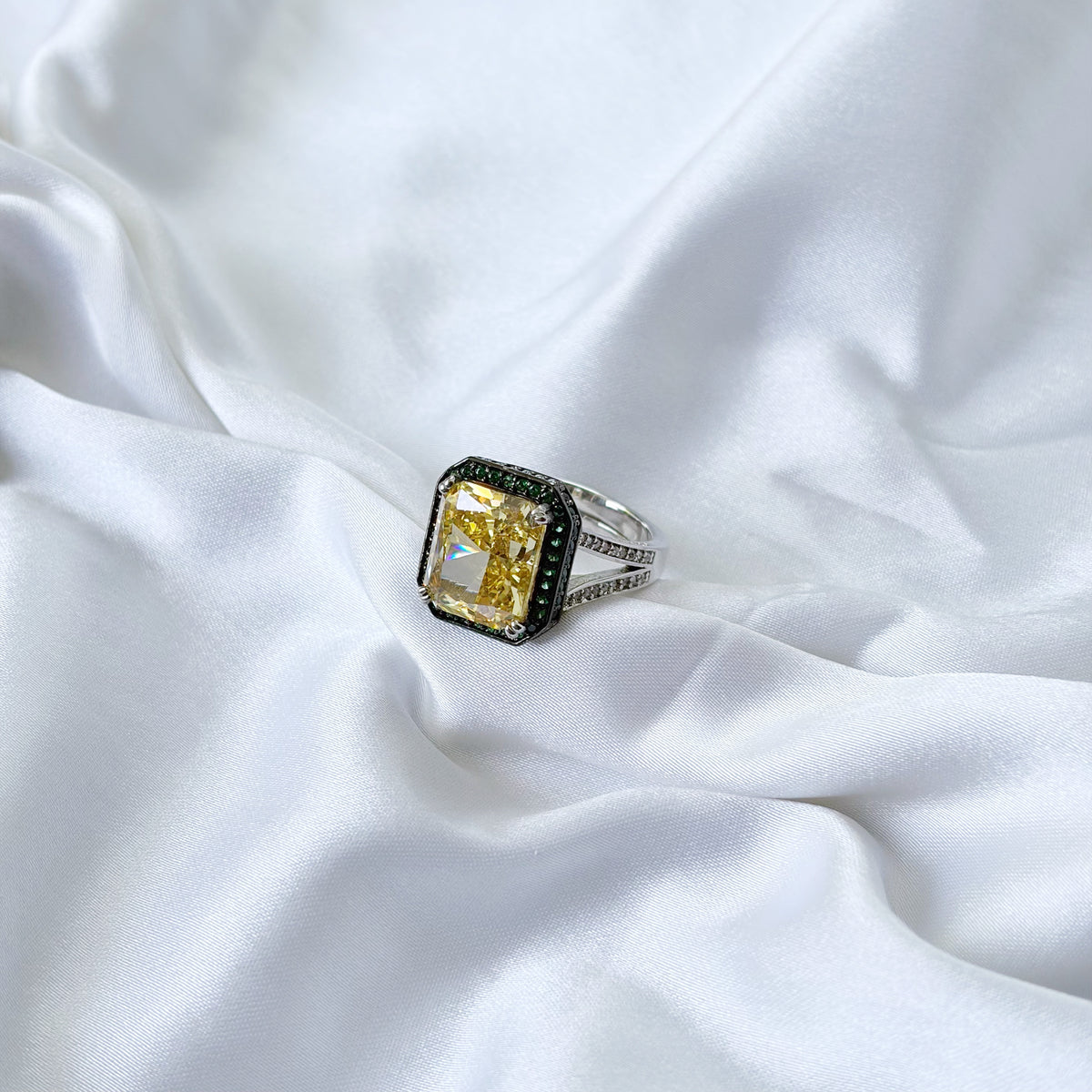 Green Emerald/Yellow Topaz Cubic Zirconia Ice Cut American Diamond Silver Plated Adjustable Ring