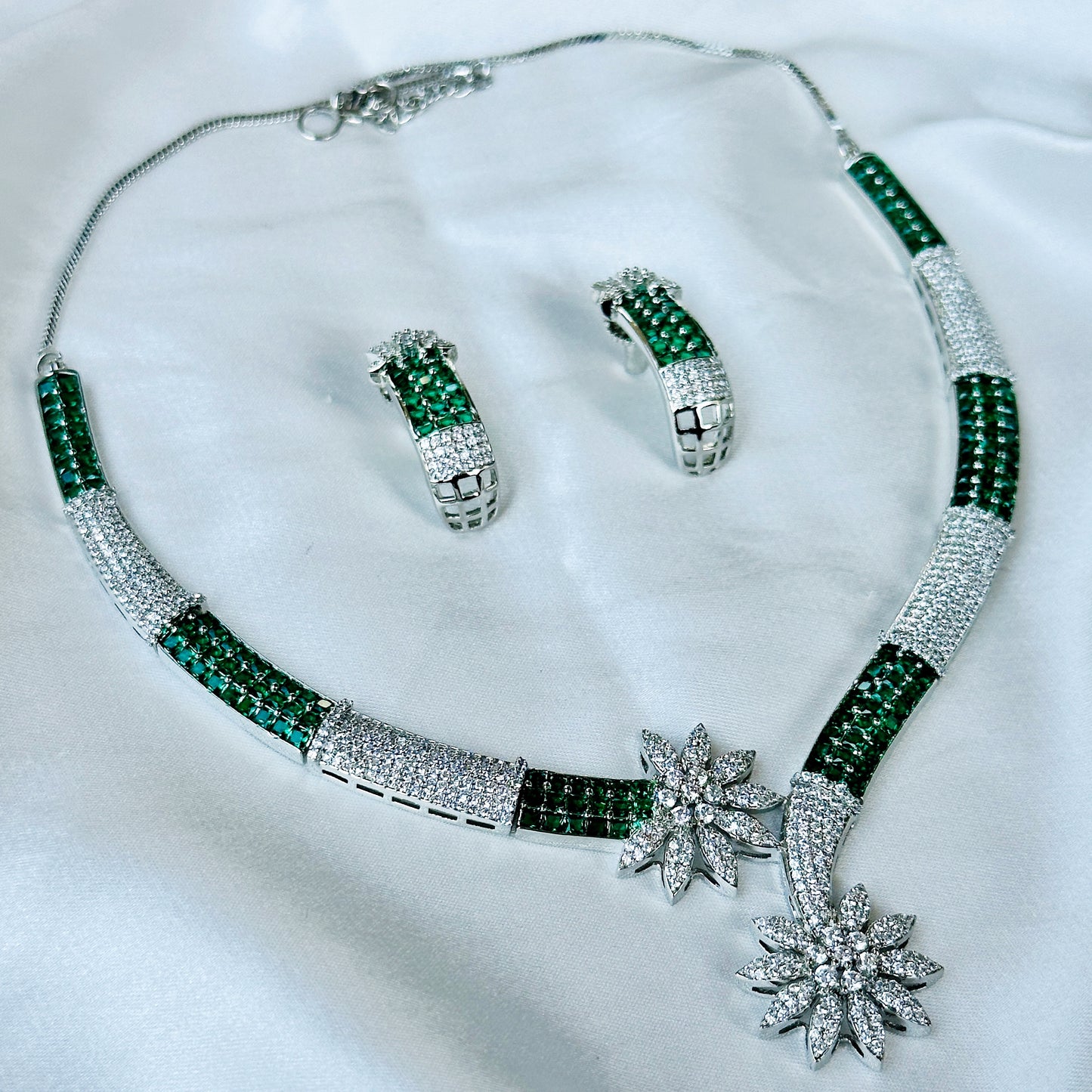 Green Emerald Cubic Zircon American Diamond Silver Plated Necklace Set