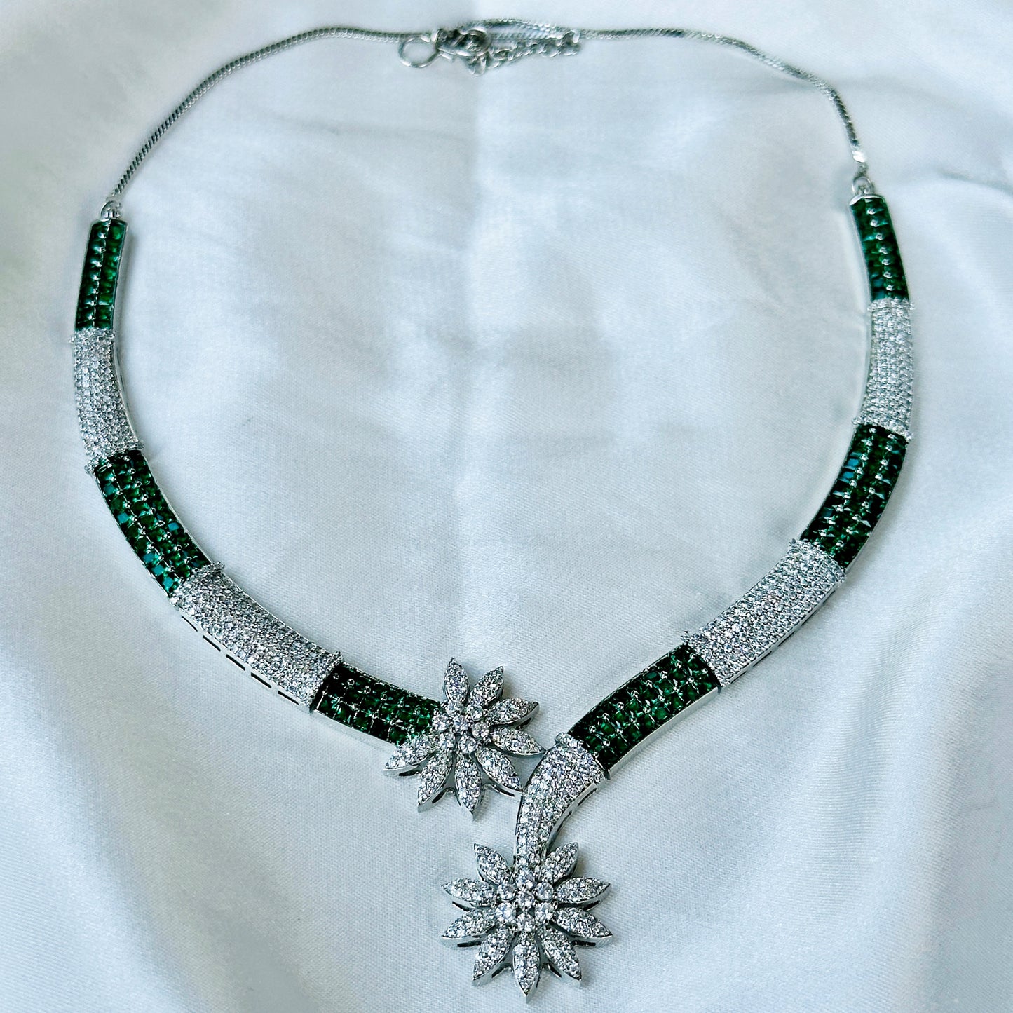 Green Emerald Cubic Zircon American Diamond Silver Plated Necklace Set