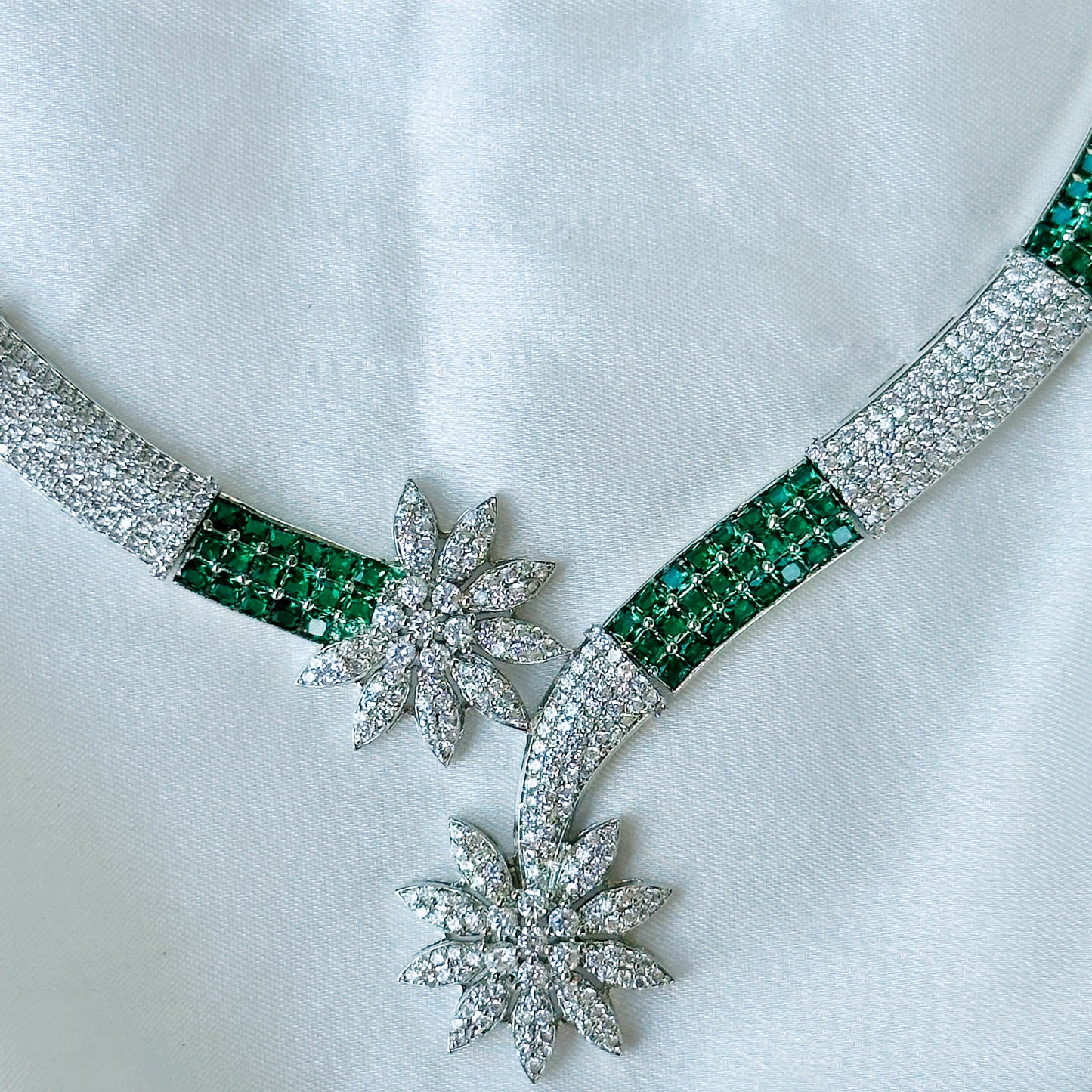 Green Emerald Cubic Zircon American Diamond Silver Plated Necklace Set