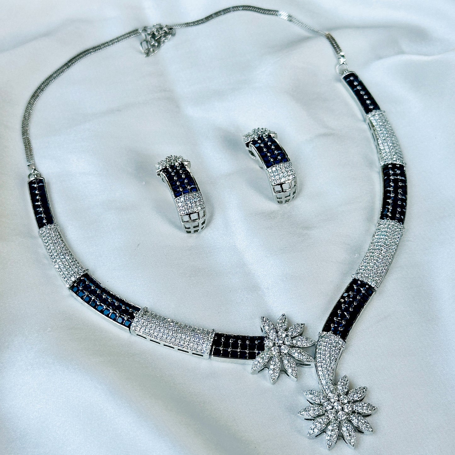 Blue Sapphire Cubic Zircon American Diamond Silver Plated Necklace Set
