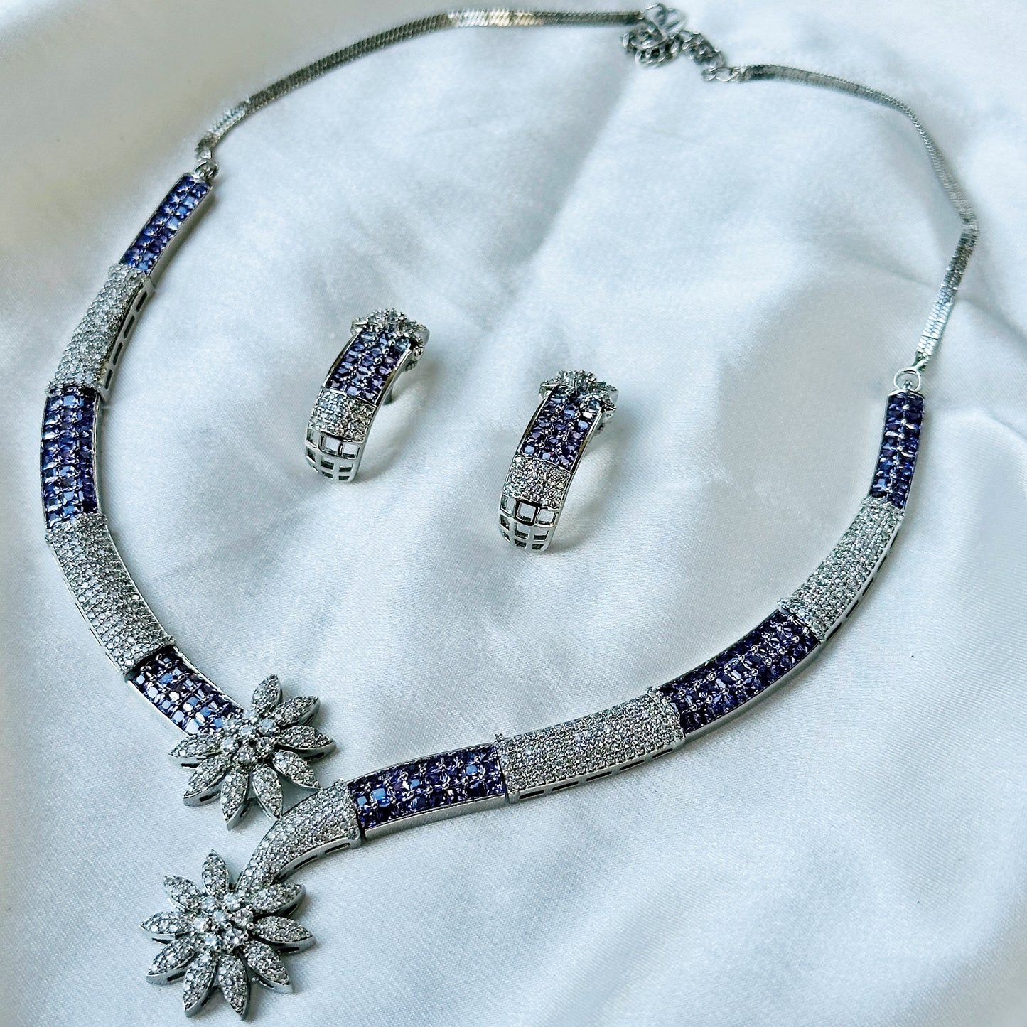 Lt Purple Amethyst Cubic Zircon American Diamond Silver Plated Necklace Set
