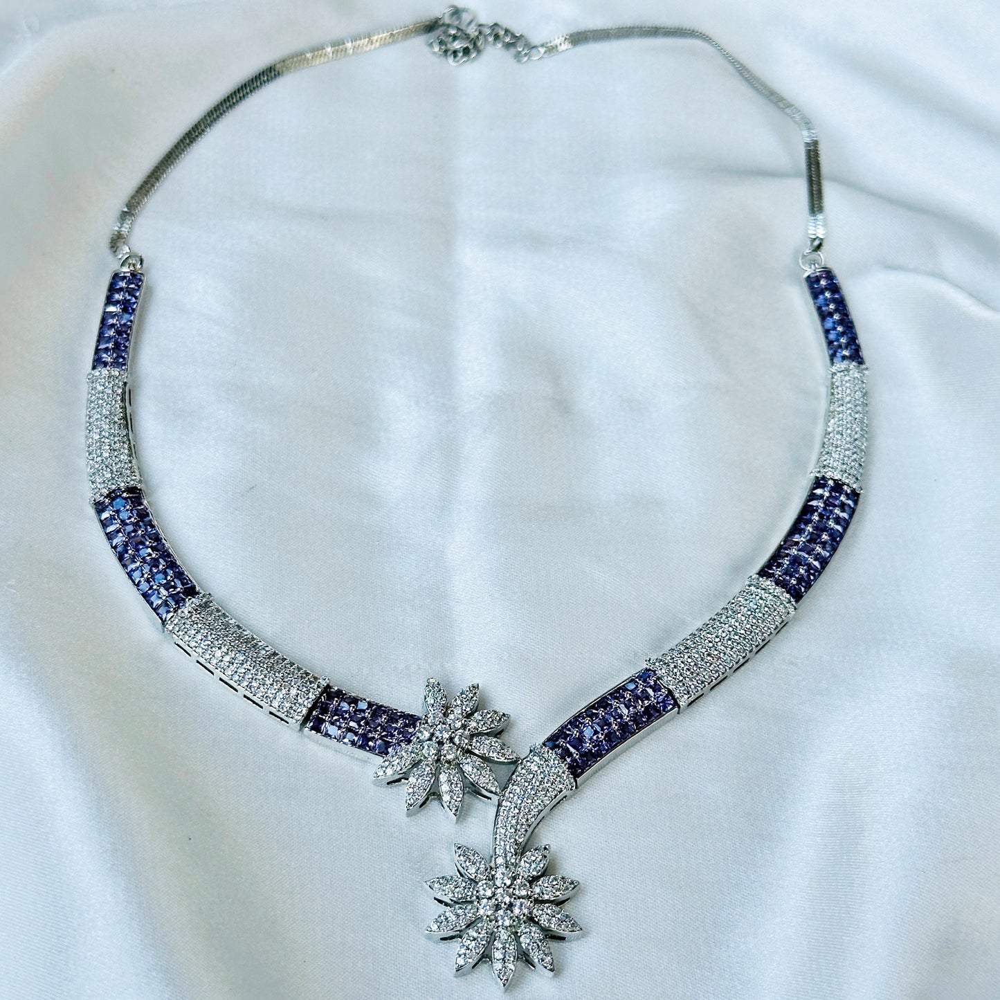 Lt Purple Amethyst Cubic Zircon American Diamond Silver Plated Necklace Set