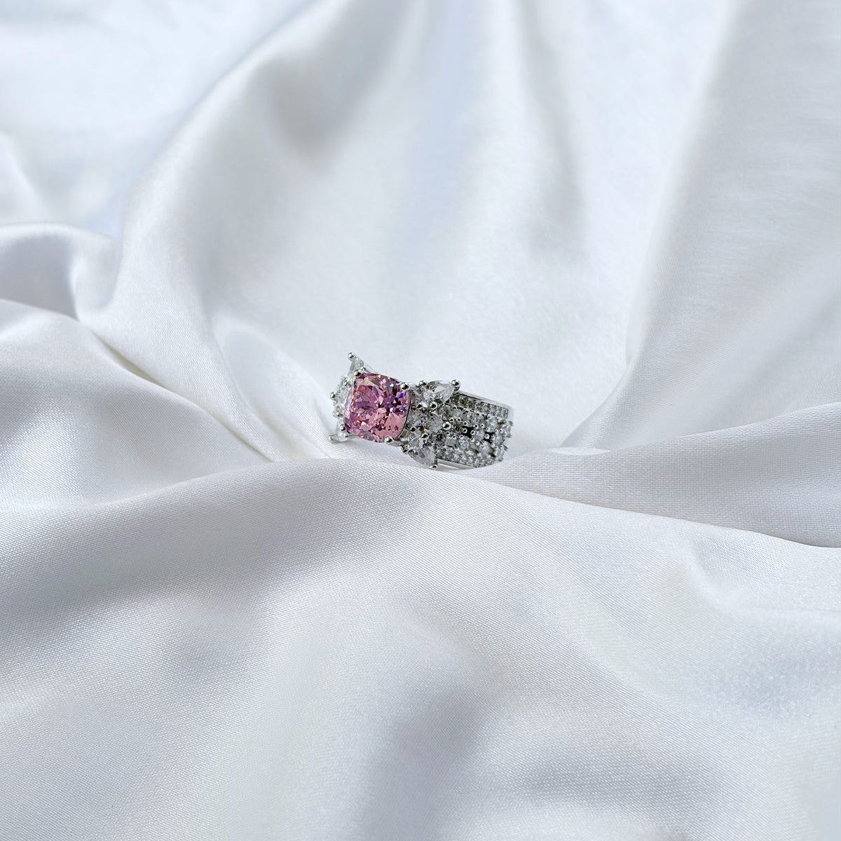 Pink Topaz Cubic Zirconia Ice Cut American Diamond Silver Plated Adjustable Ring