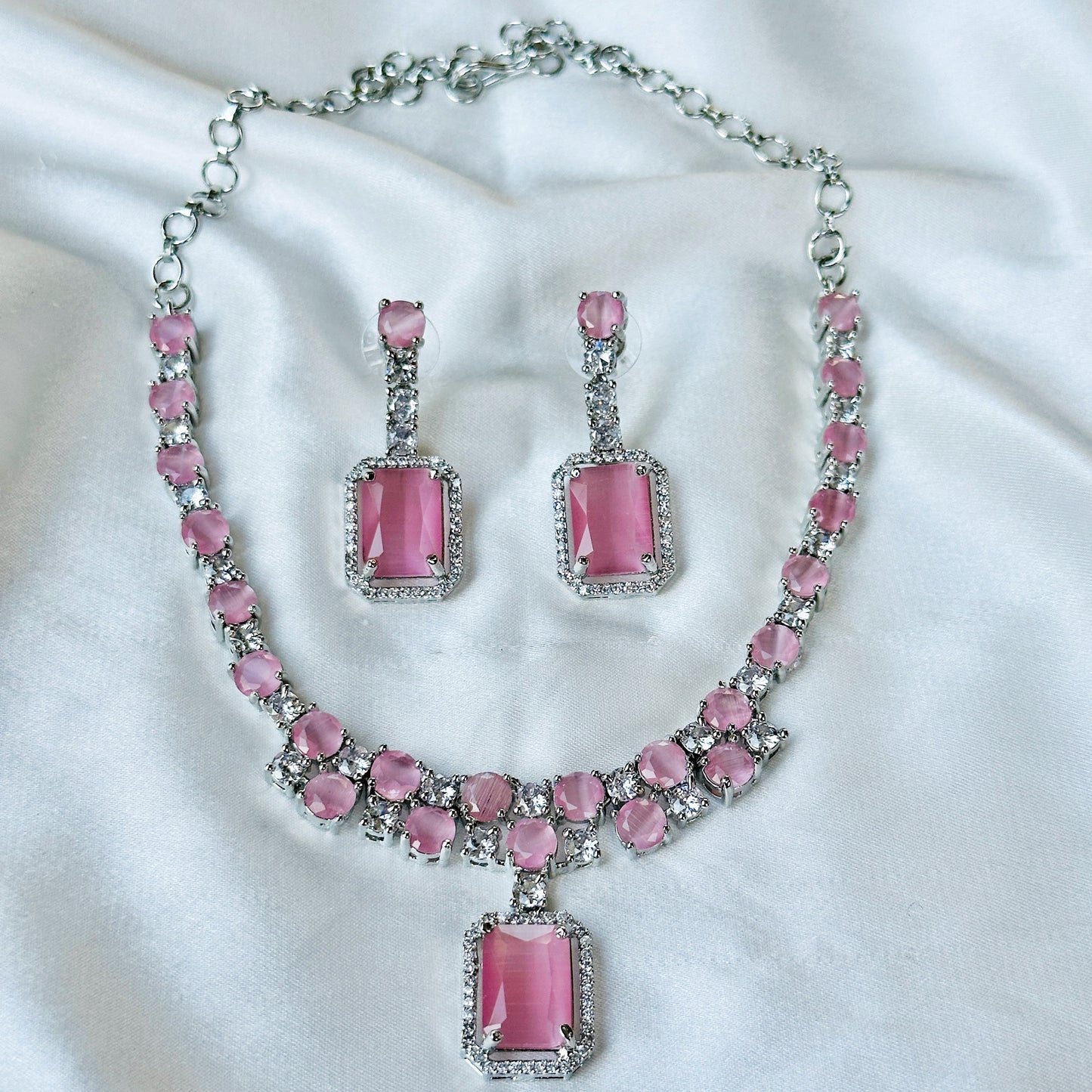 Pink Topaz Zircon American Diamond Silver Plated Necklace Set