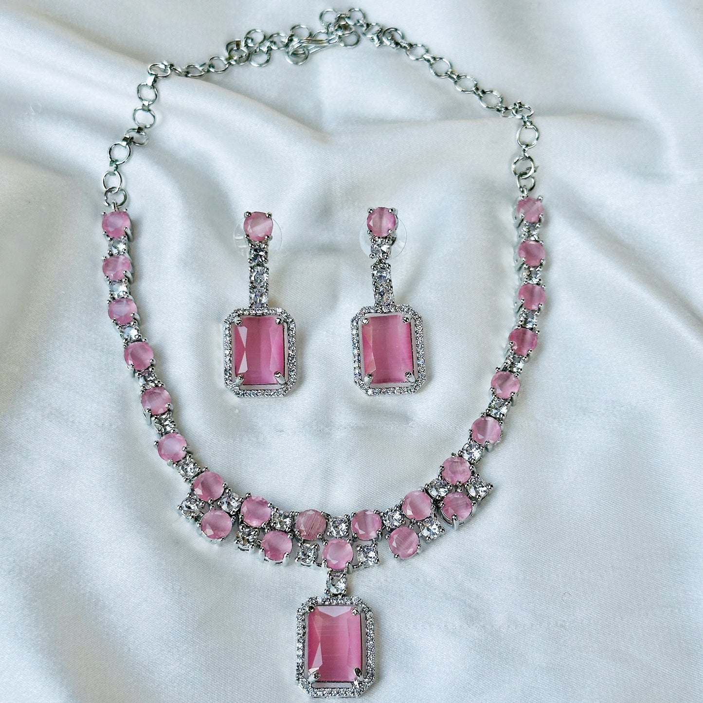 Pink Topaz Zircon American Diamond Silver Plated Necklace Set