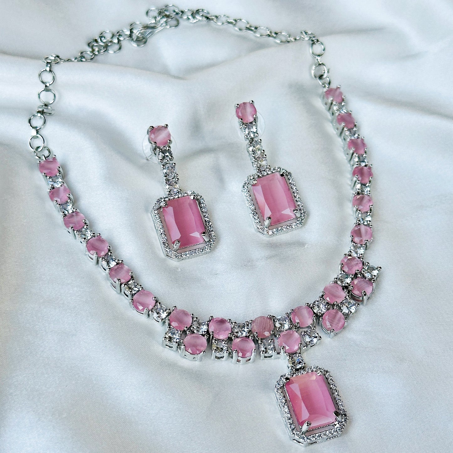 Pink Topaz Zircon American Diamond Silver Plated Necklace Set