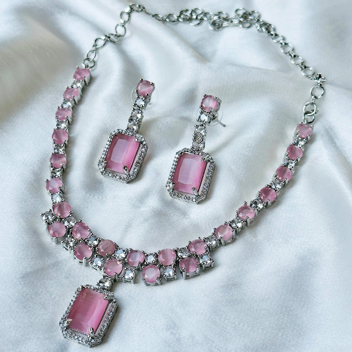 Pink Topaz Zircon American Diamond Silver Plated Necklace Set