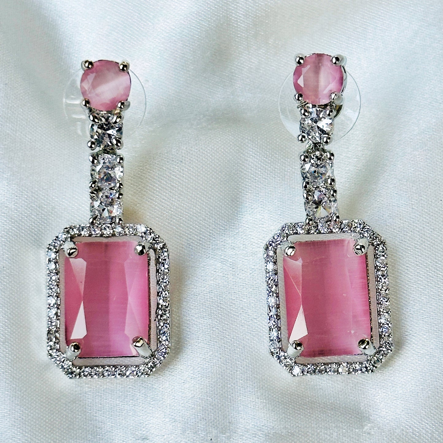 Pink Topaz Zircon American Diamond Silver Plated Necklace Set