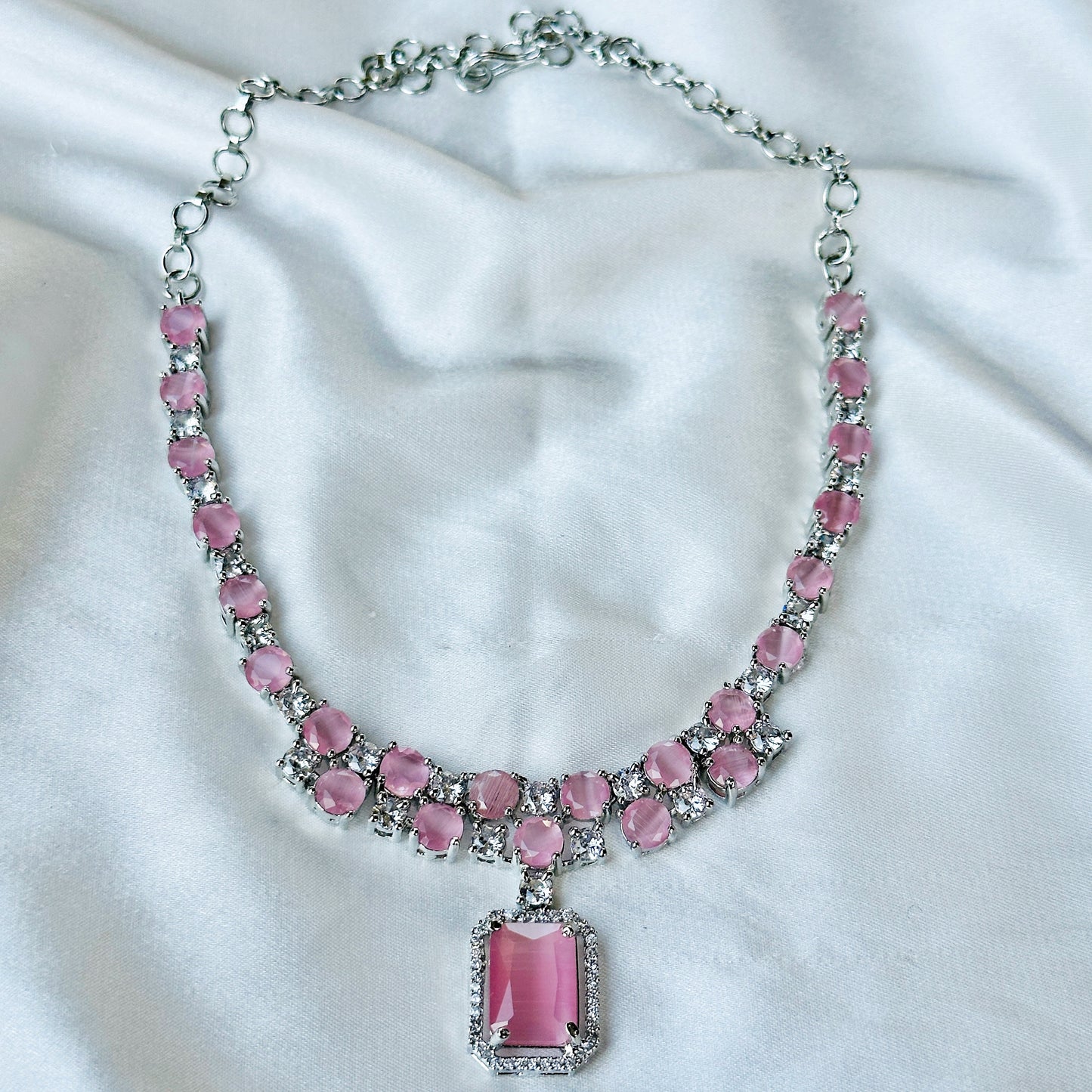Pink Topaz Zircon American Diamond Silver Plated Necklace Set