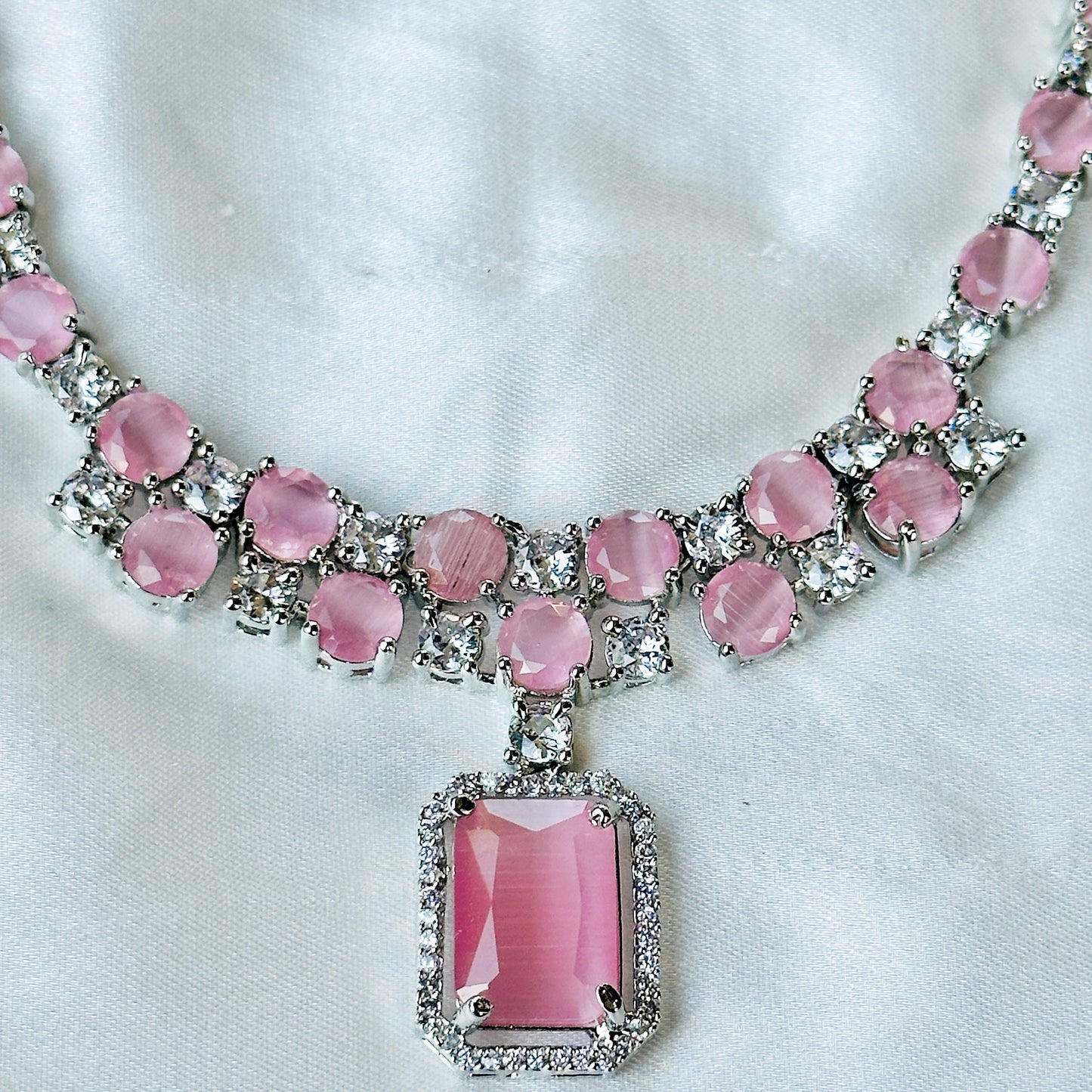 Pink Topaz Zircon American Diamond Silver Plated Necklace Set