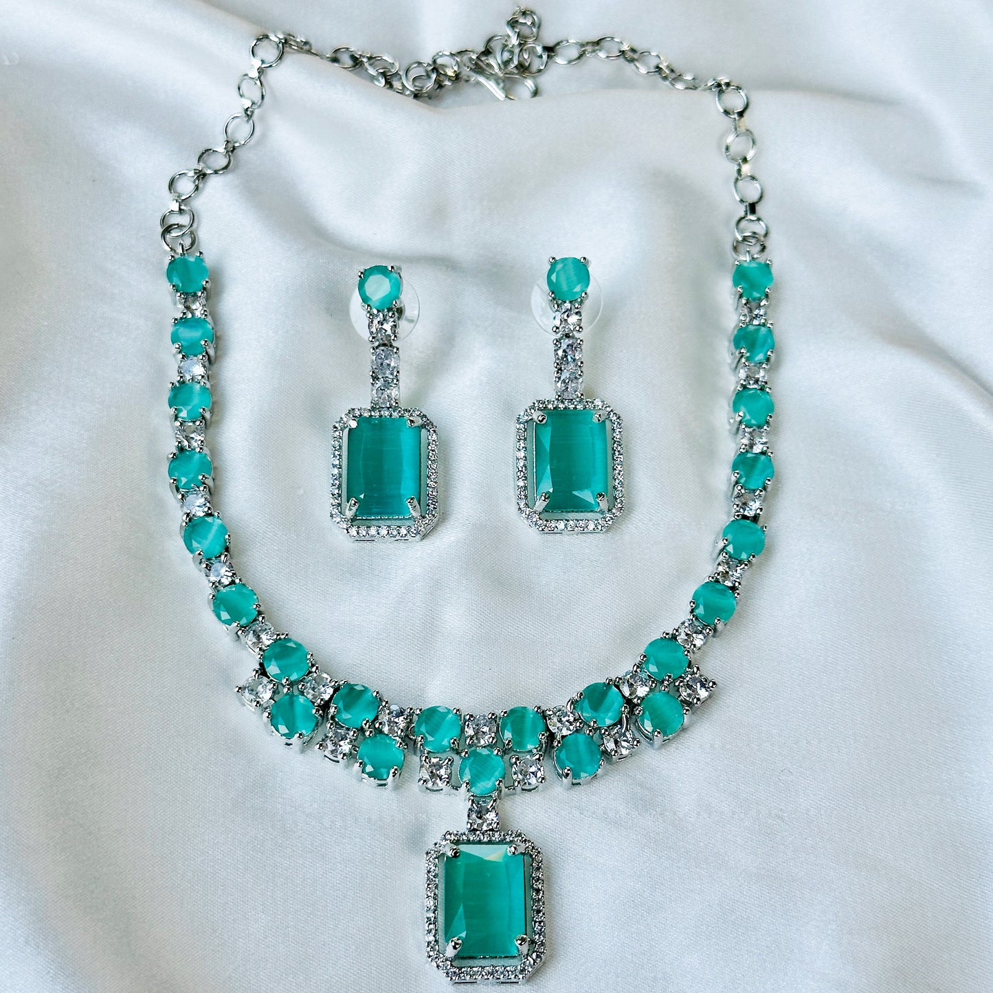 Mint Green Topaz Zircon American Diamond Silver Plated Necklace Set