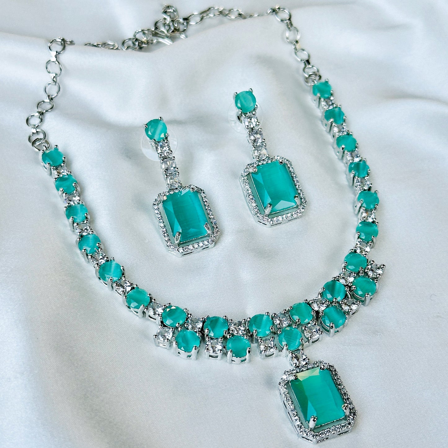 Mint Green Topaz Zircon American Diamond Silver Plated Necklace Set