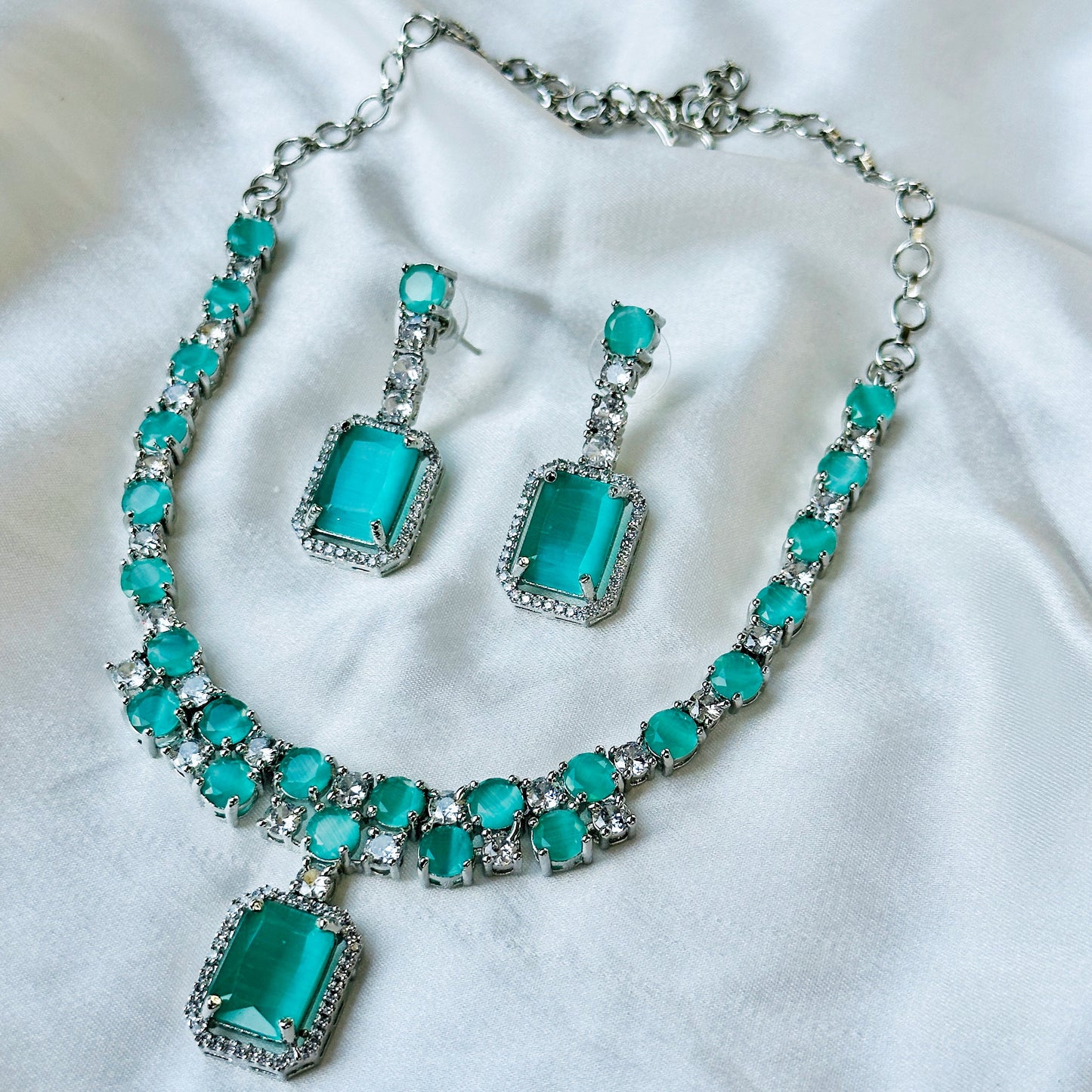 Mint Green Topaz Zircon American Diamond Silver Plated Necklace Set