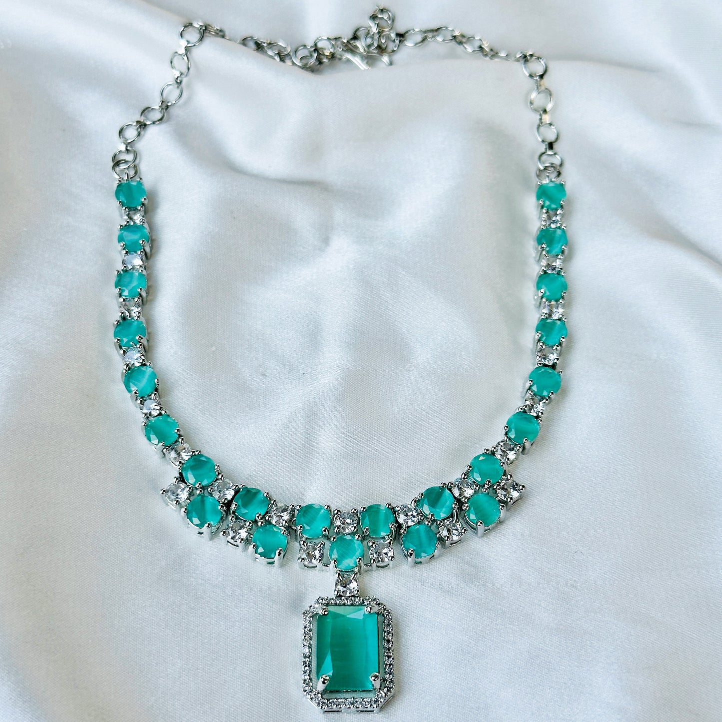 Mint Green Topaz Zircon American Diamond Silver Plated Necklace Set
