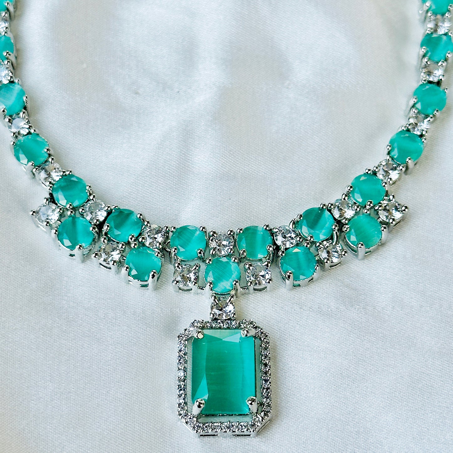 Mint Green Topaz Cubic Zirconia American Diamond Silver Plated Necklace Set