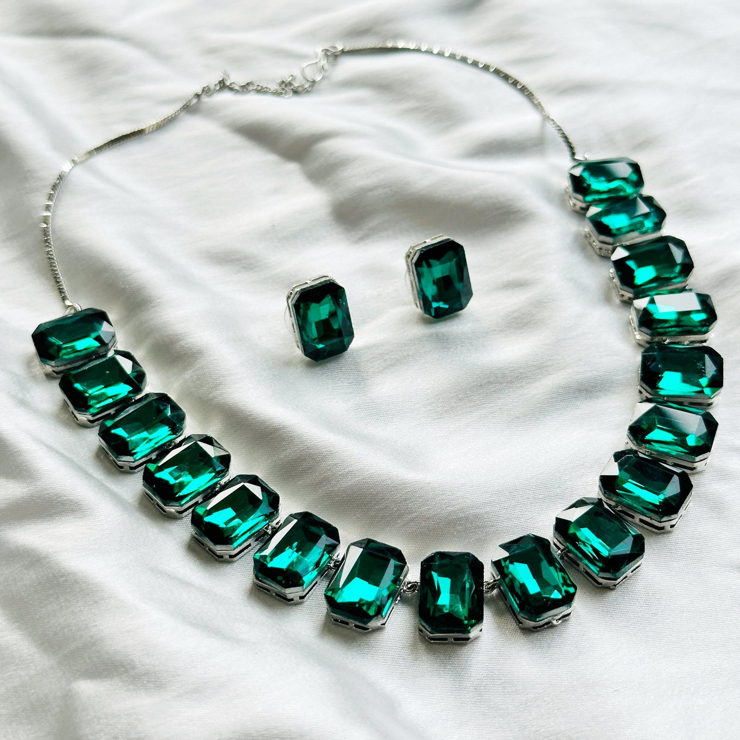Green Emerald Swarovski Crystal Silver Plated Necklace Set