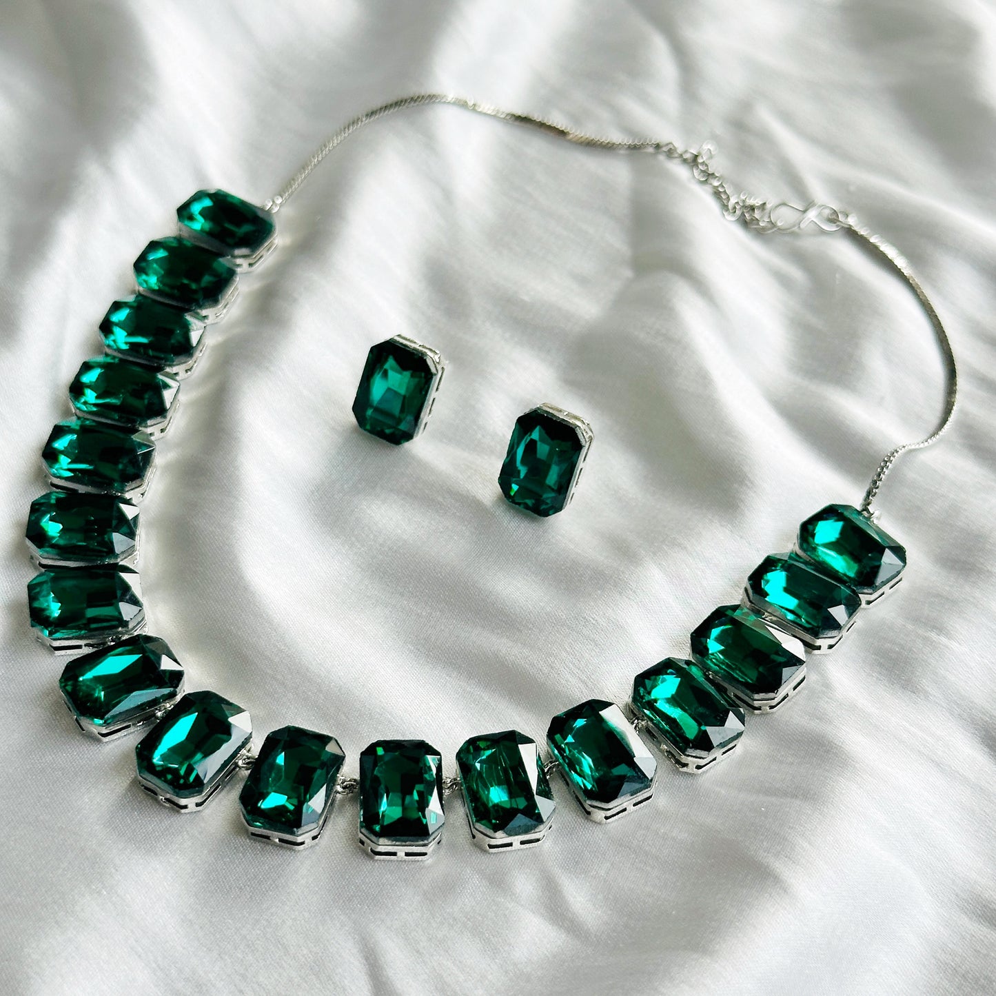 Green Emerald Swarovski Crystal Silver Plated Necklace Set