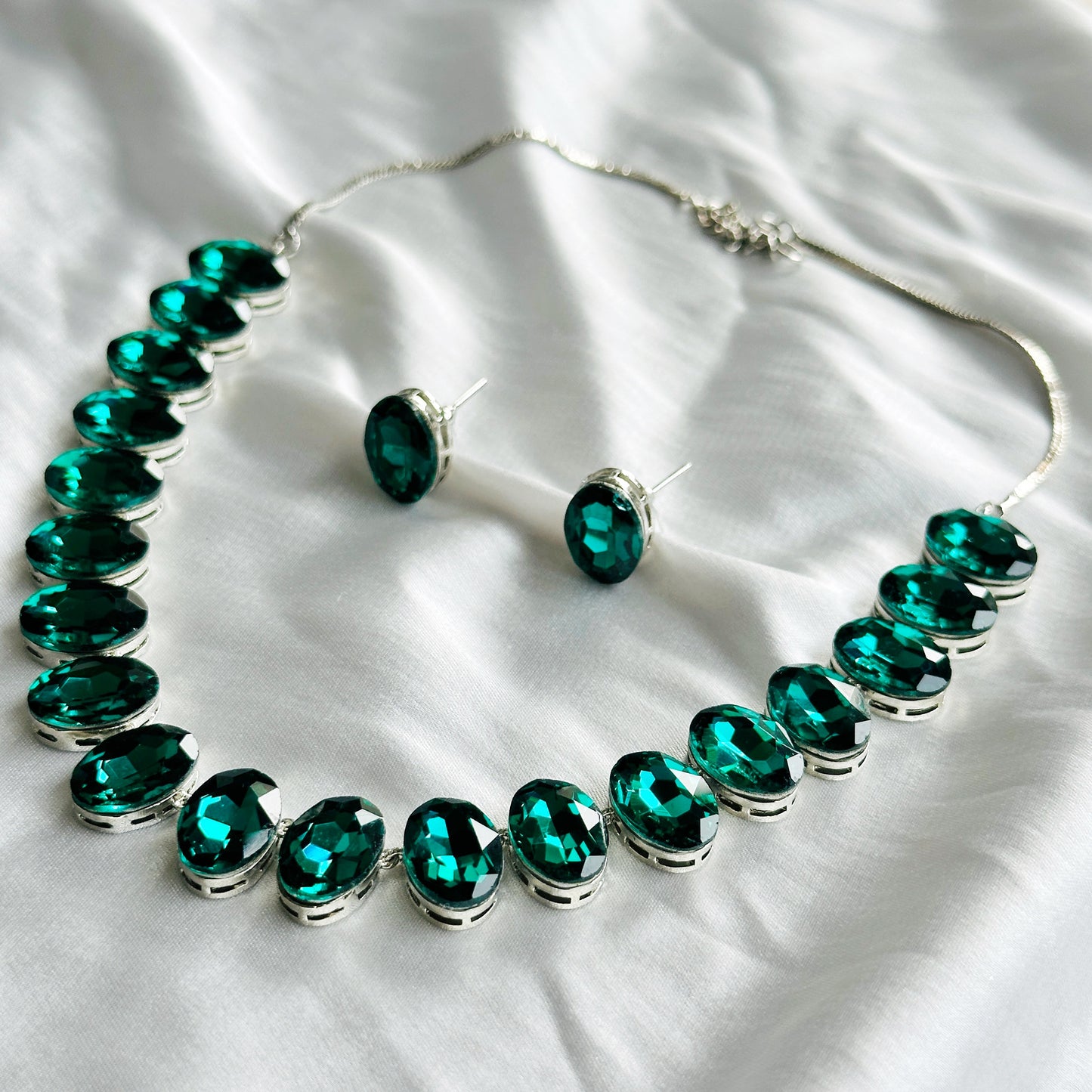 Green Emerald Swarovski Crystal Silver Plated Necklace Set