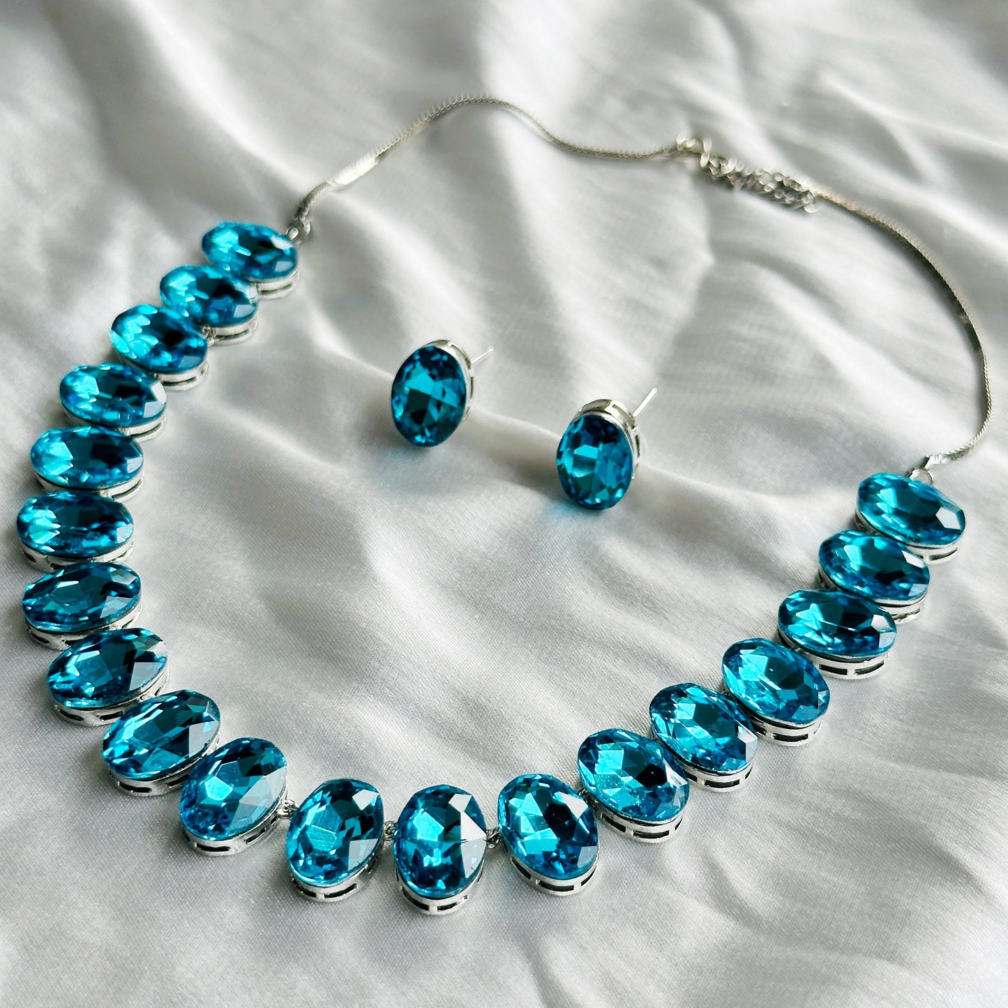 Aqua Blue Indicolite Swarovski Crystal Silver Plated Necklace Set