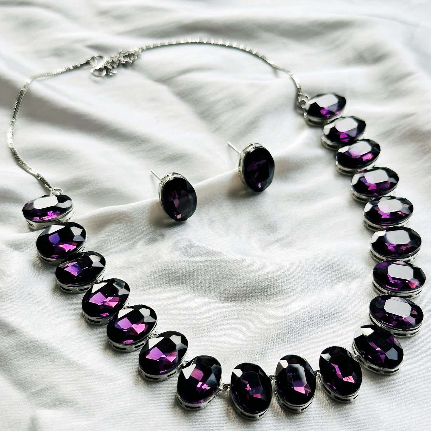 Deep Purple Amethyst Swarovski Crystal Silver Plated Necklace Set