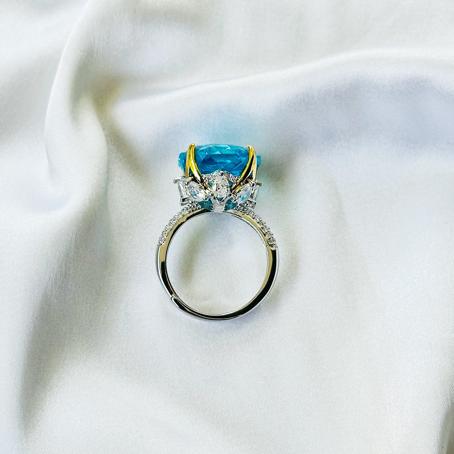 Aqua Blue White Sapphire Cubic Zirconia Ice Cut American Diamond Gold/Silver Plated Adjustable Ring