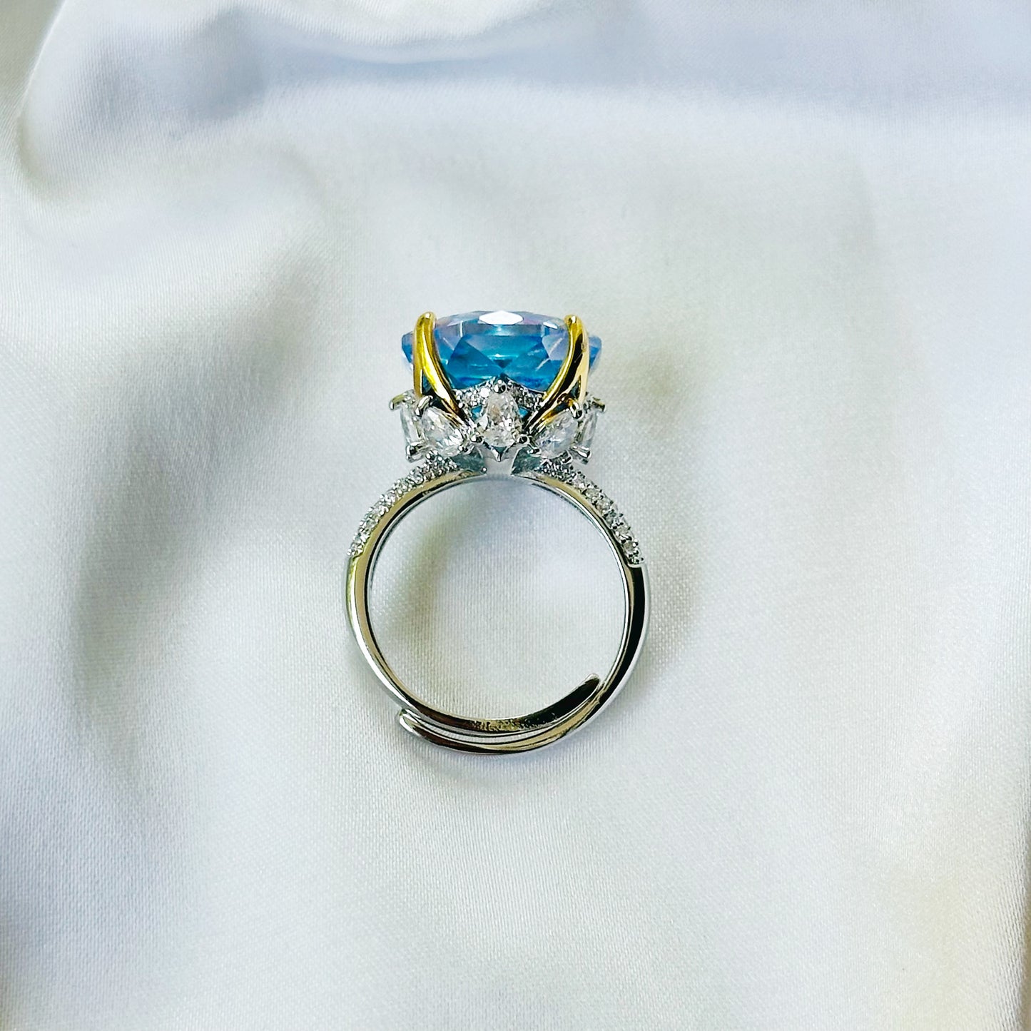 Aqua Blue Vitrail Sapphire Cubic Zirconia Ice Cut American Diamond Gold/Silver Plated Adjustable Ring