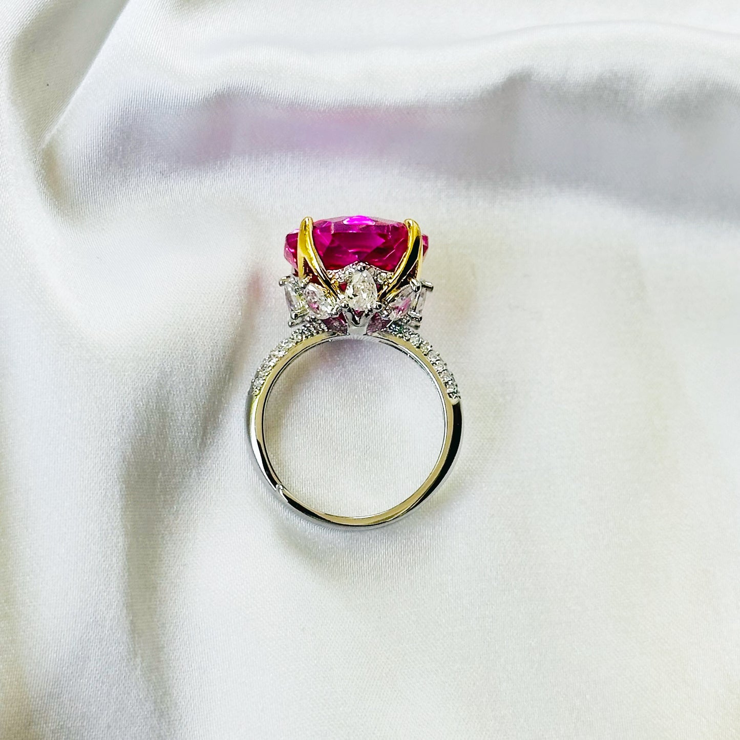 Fuchsia White Pink Topaz Cubic Zirconia Ice Cut American Diamond Gold/Silver Plated Adjustable Ring