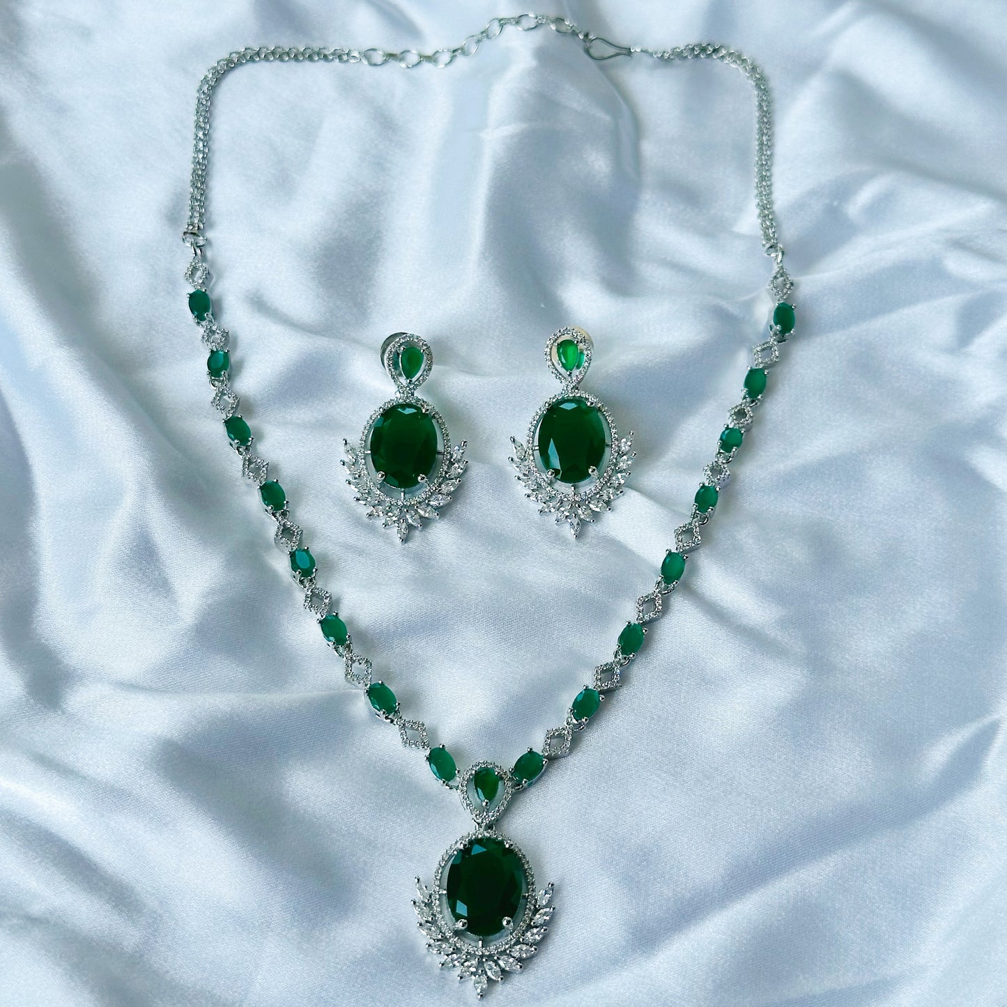 Green Emerald Cubic Zircon Stone American Diamond Silver Plated Necklace Set