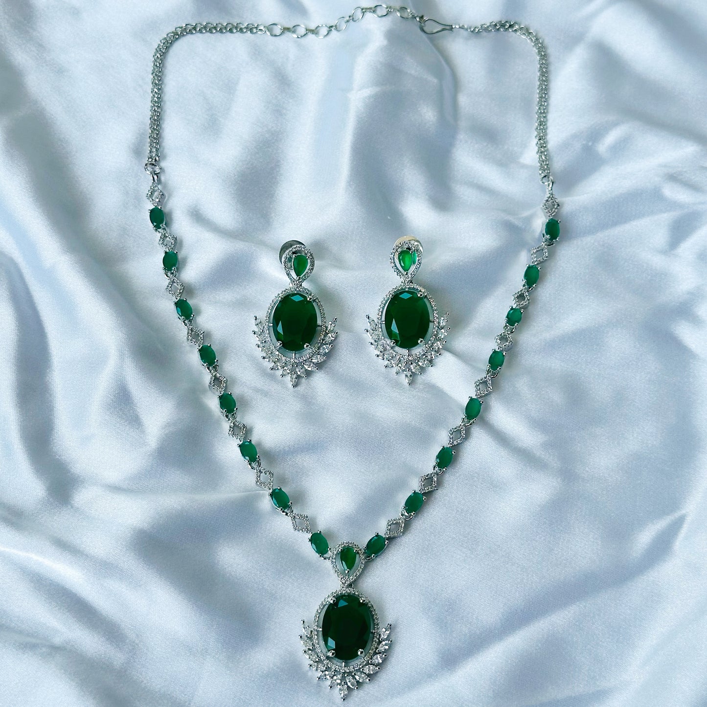 Green Emerald Cubic Zircon Stone American Diamond Silver Plated Necklace Set