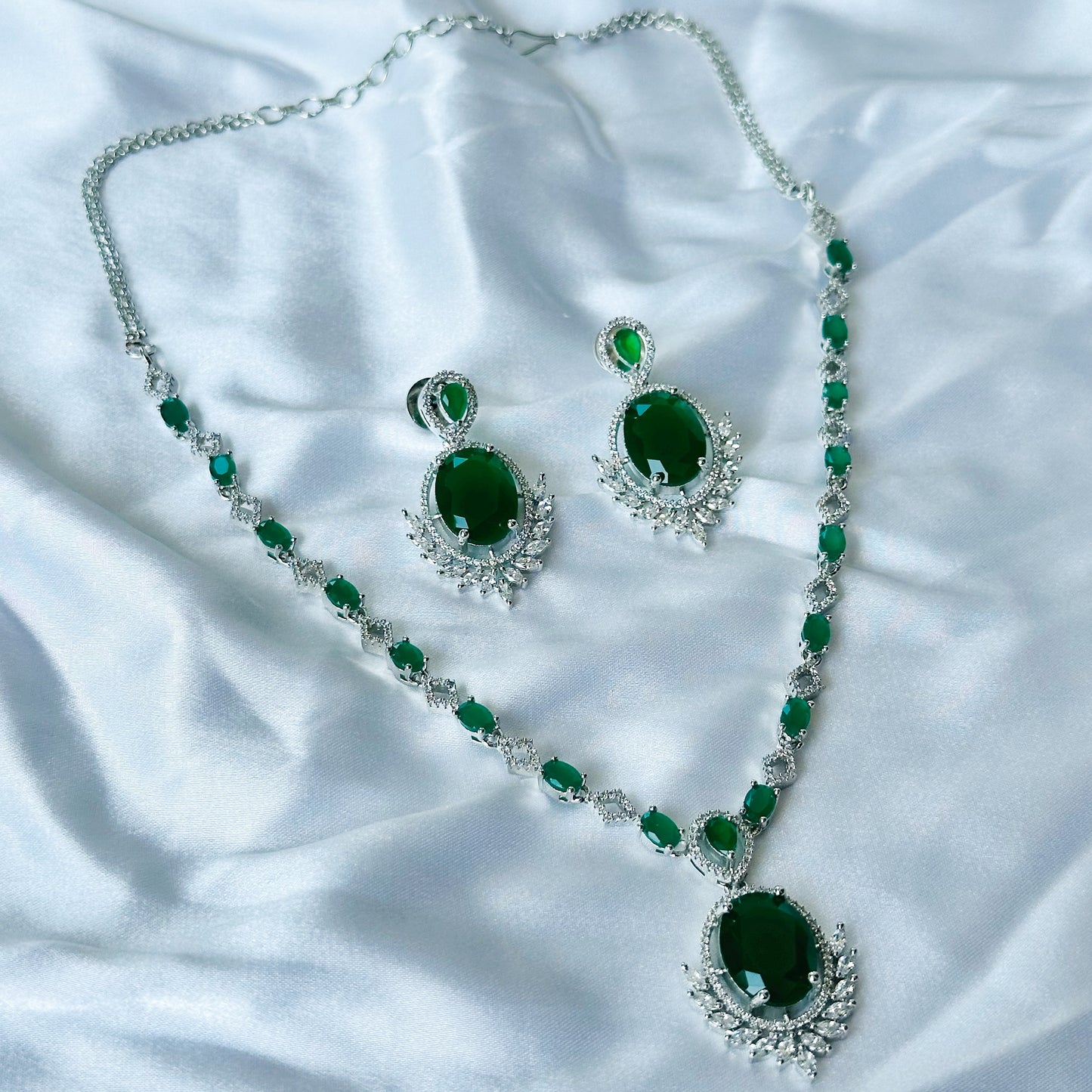 Green Emerald Cubic Zircon Stone American Diamond Silver Plated Necklace Set