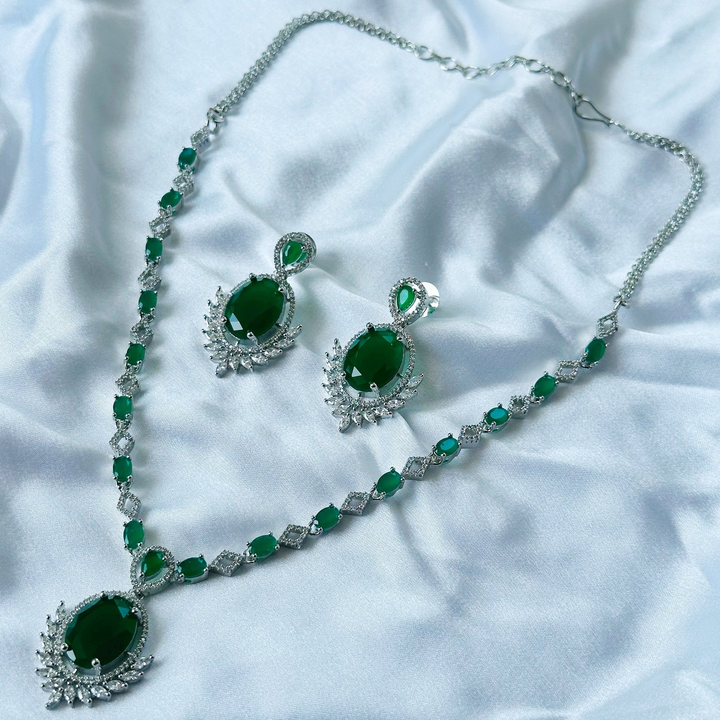 Green Emerald Cubic Zircon Stone American Diamond Silver Plated Necklace Set