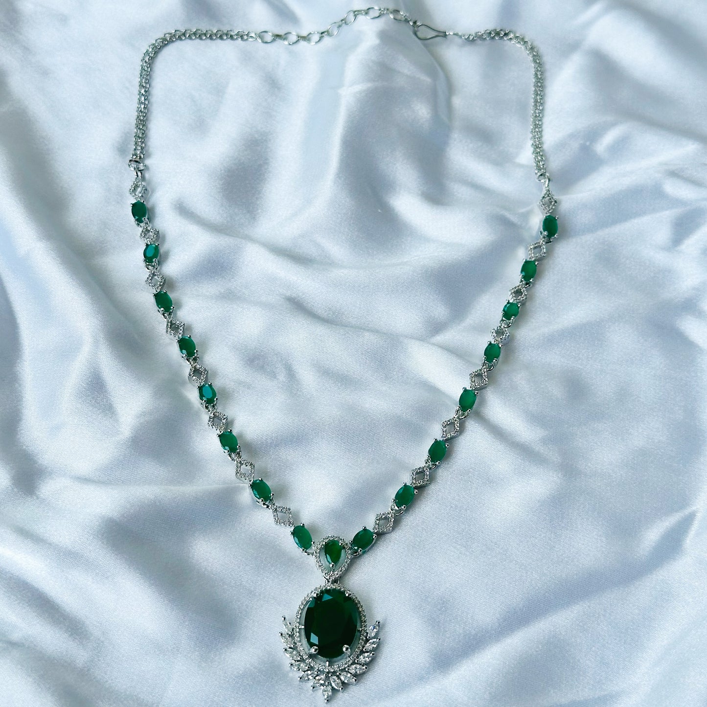 Green Emerald Cubic Zircon Stone American Diamond Silver Plated Necklace Set