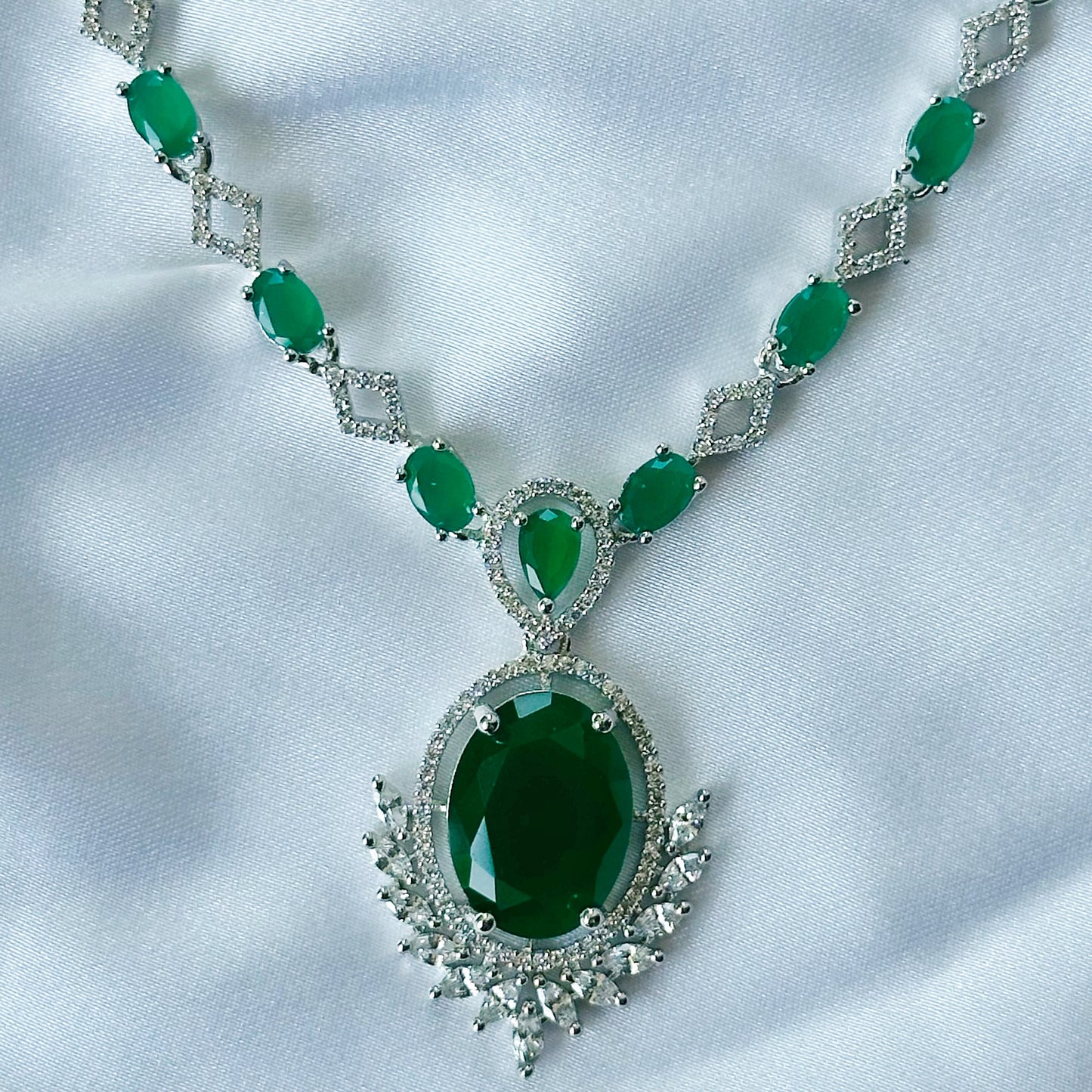 Green Emerald Cubic Zircon Stone American Diamond Silver Plated Necklace Set