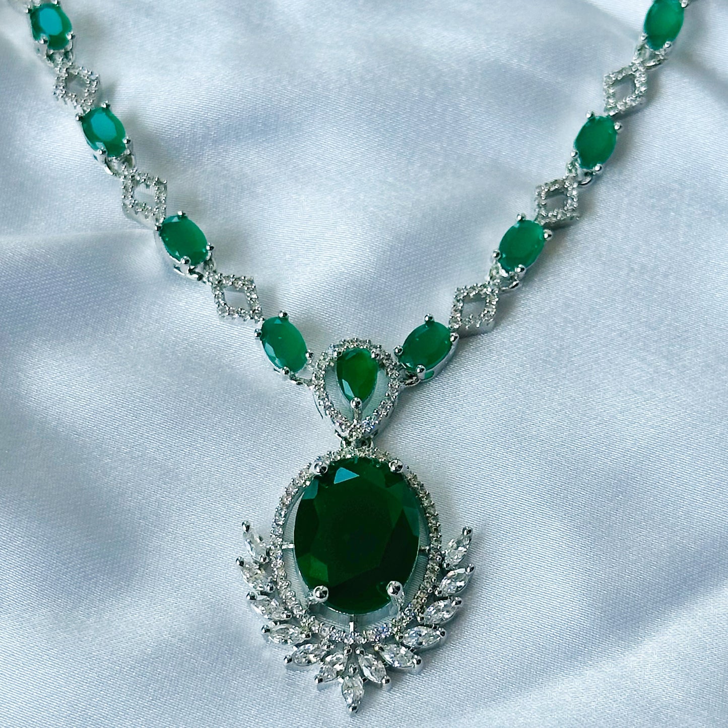 Green Emerald Cubic Zircon Stone American Diamond Silver Plated Necklace Set