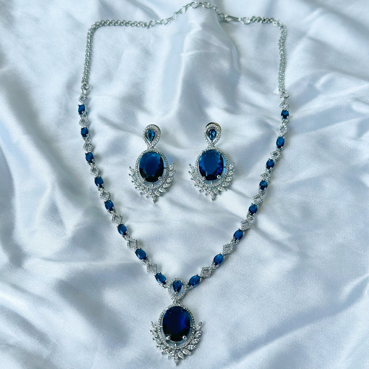 Blue Sapphire Cubic Zircon Stone American Diamond Silver Plated Necklace Set