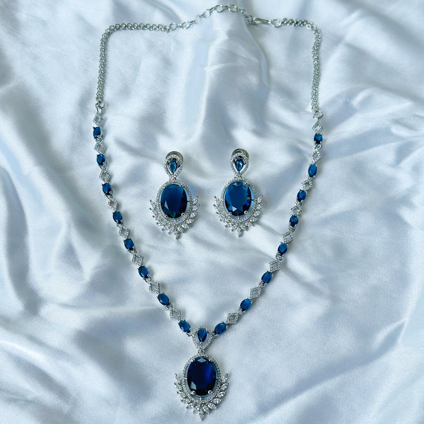 Blue Sapphire Cubic Zircon Stone American Diamond Silver Plated Necklace Set